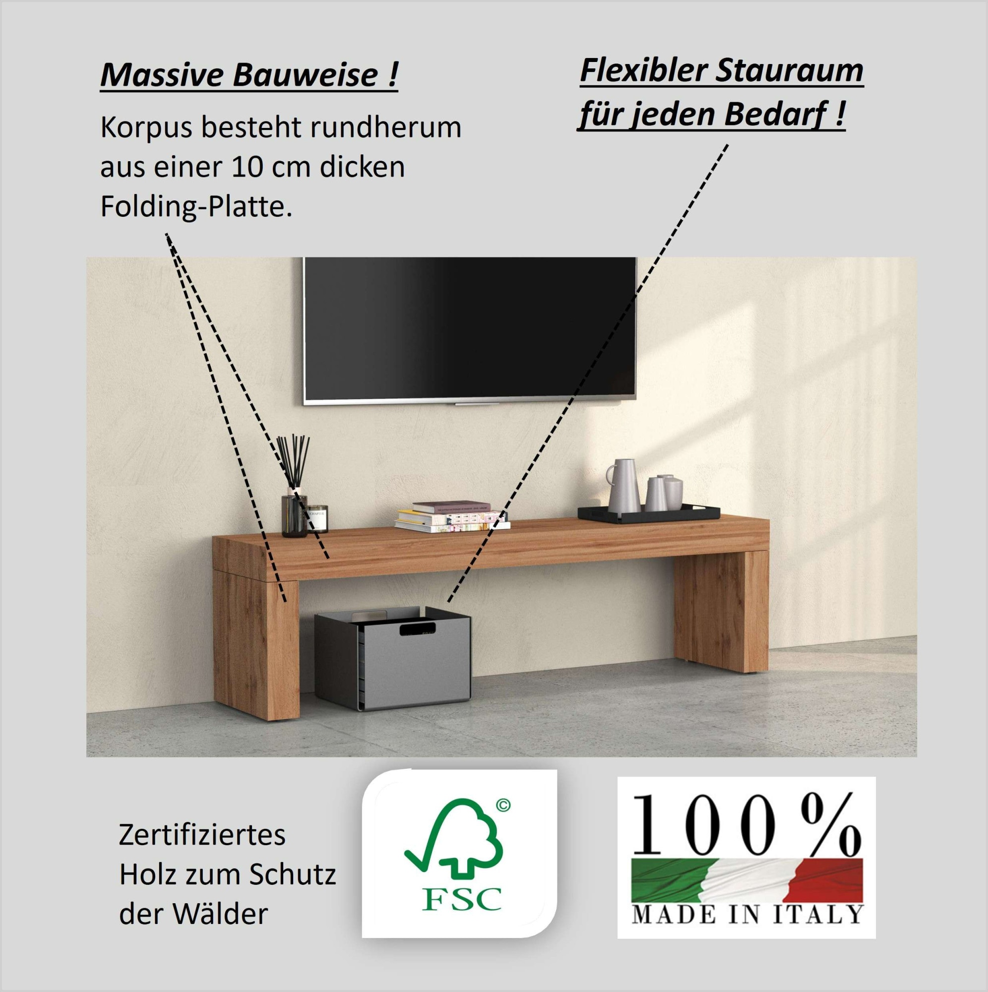 INOSIGN TV-Brücke »CHRONOS Breite 180 cm, mit eine 10 cm dicken stabilen folding Platte«, (1 St.), TV-Board, Medienbrücke, TV-Aufsatz 'Made in Italy'