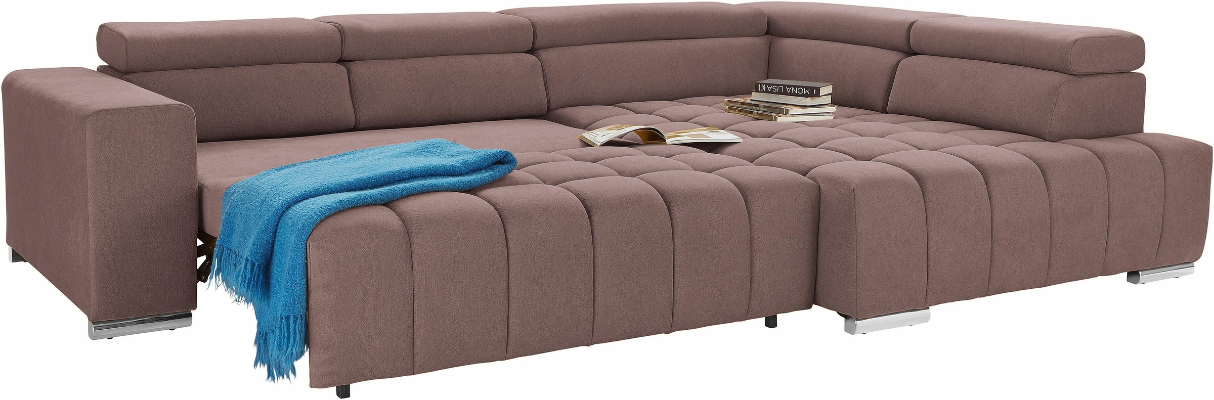 Ecksofa EXXPO - SOFA FASHION "Elias, aktuelle Kreuzsteppung im Sitz, bequem, Breite 307cm, L-Form", braun (hellbraun), B:307cm H:94cm T:201cm, Struktur ( 100% Polyester), Sofas, Ecksofa, mit Kopf- bzw. Rückenverstellung, wahlweise mit Bettfunktion 4