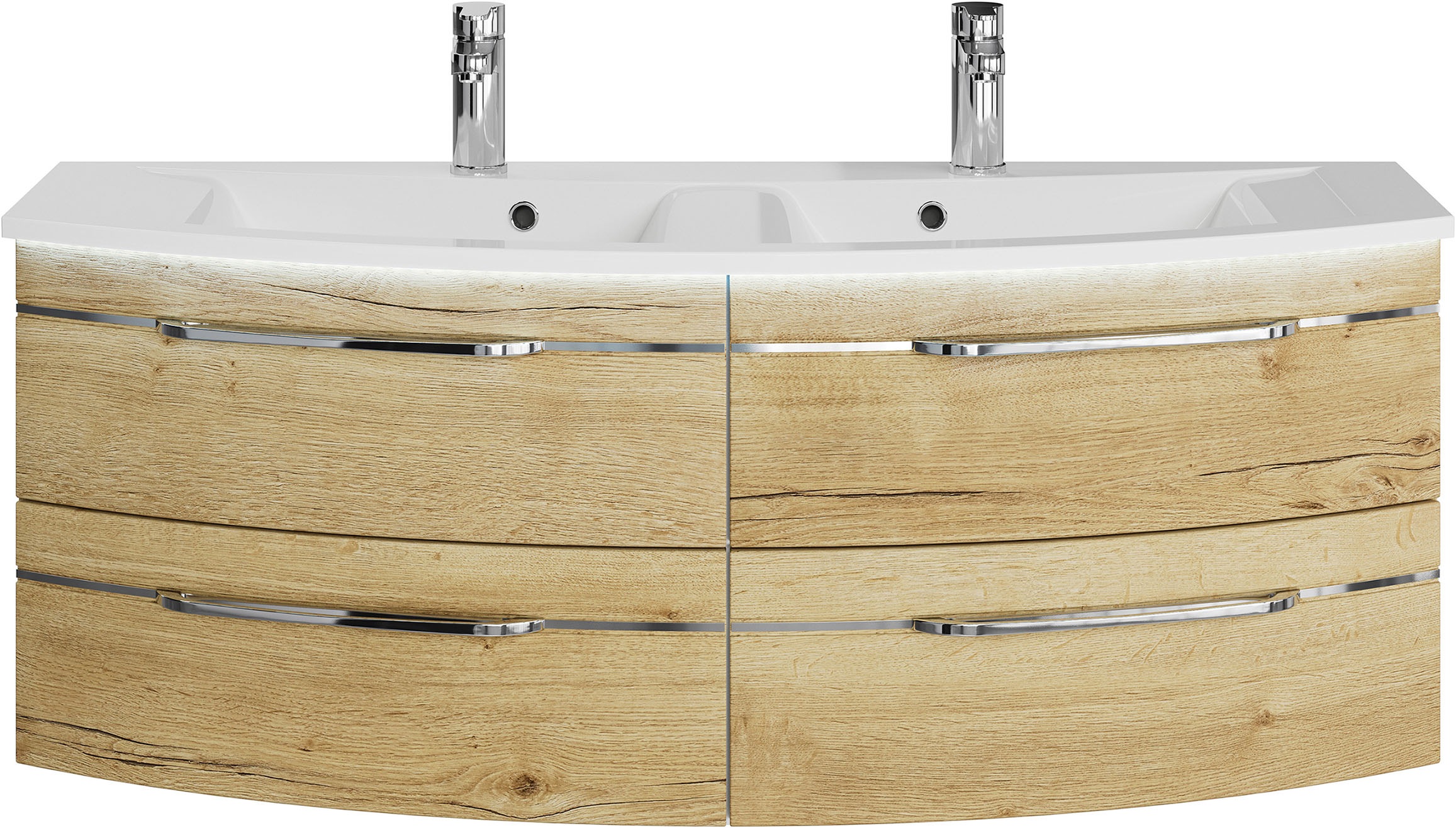 Saphir Badmöbel-Set »Badezimmer-Set 133,2 cm breit, inkl. Türdämpfer, 3 Türen, 4 Schubladen«, (Set, 2 St.), Serie 7045 2-teilig Mineralmarmor-Doppelwaschtisch, LED-Spiegelschrank