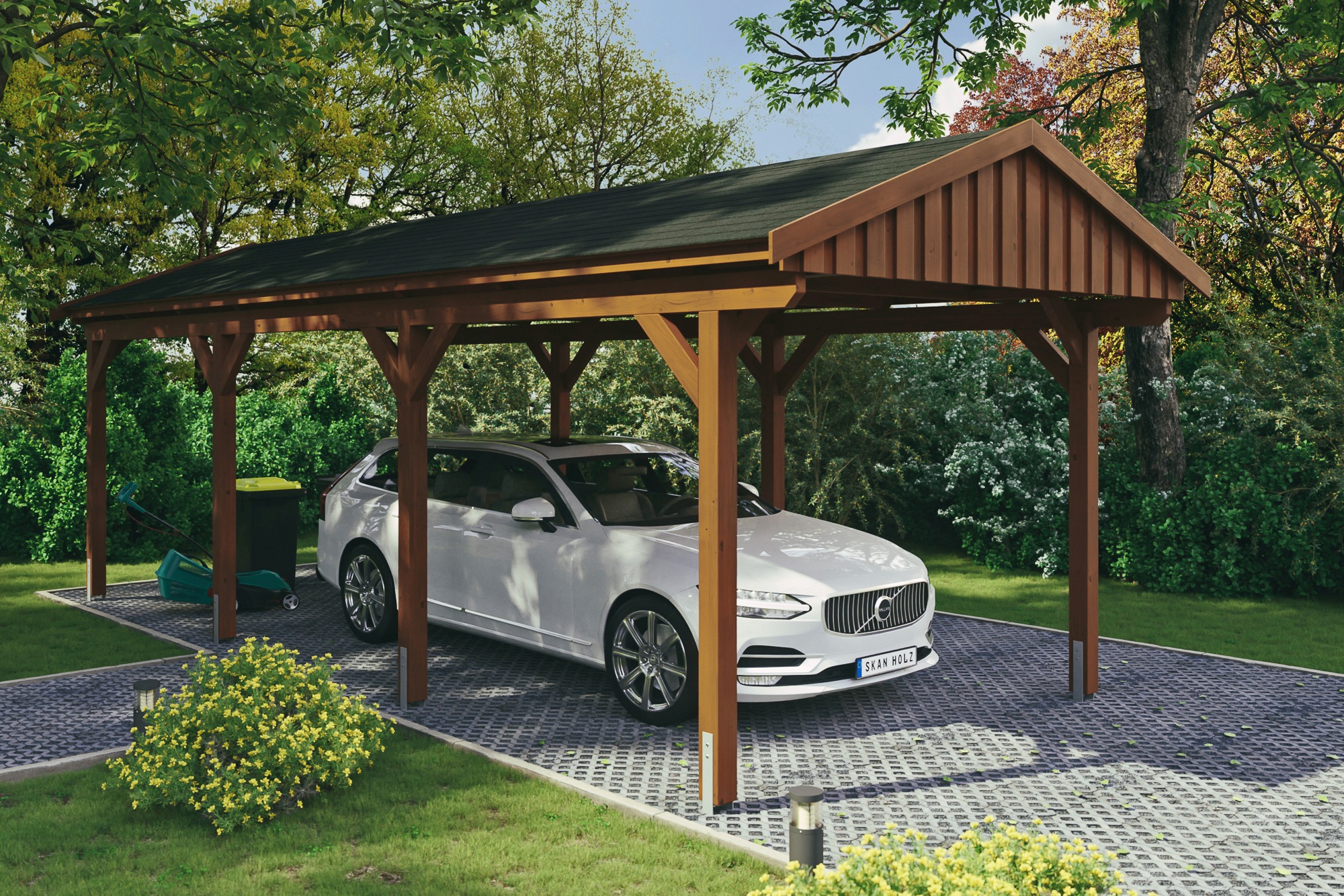 Skanholz Einzelcarport "Fichtelberg" Leimholz braun mit schwarzen Schindeln