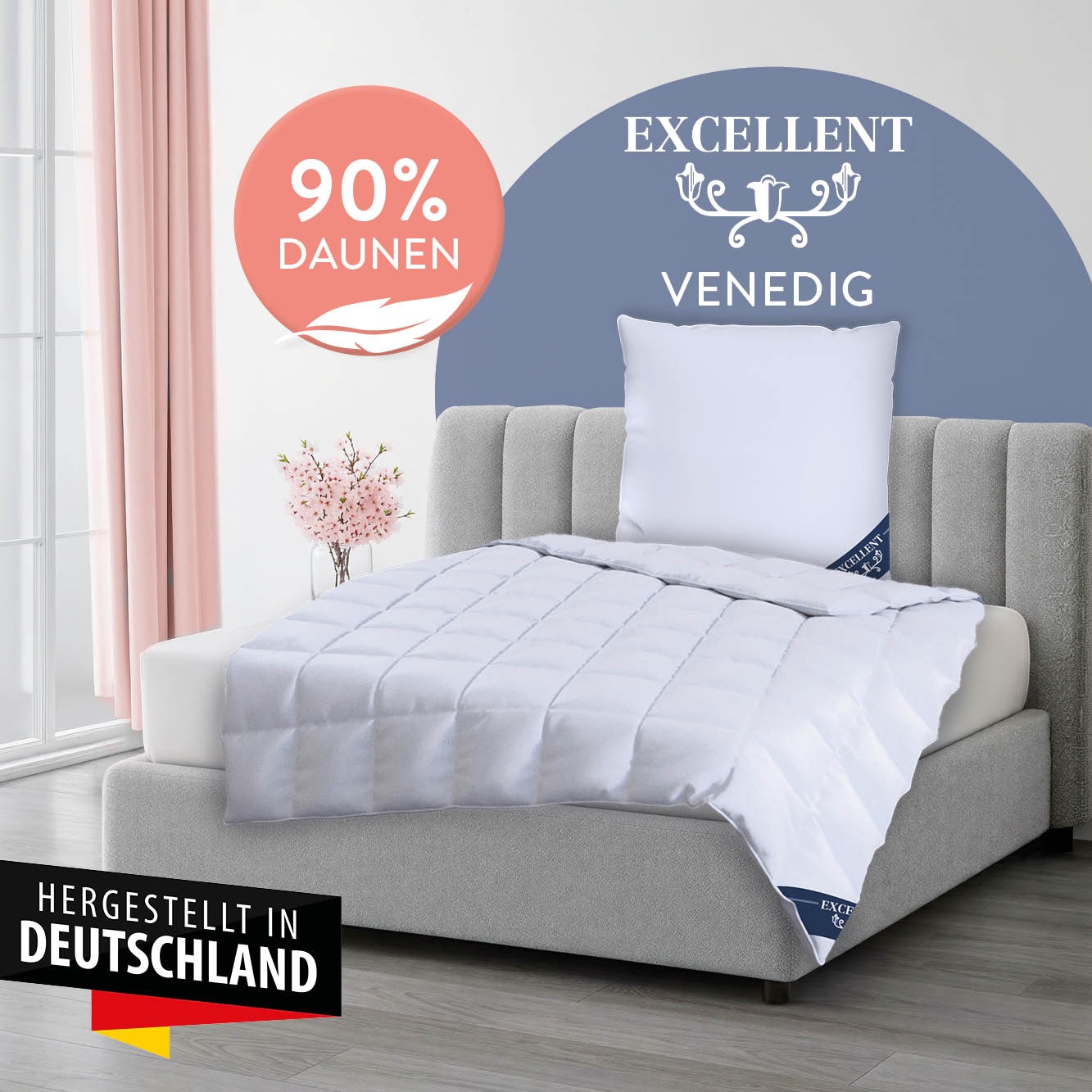 Excellent Daunenbettdecke "VENEDIG, Bettdecken für Sommer und Winter, Decke" leicht Füllung 90Daunen10Federn 1 Stk. tlg. Bettdecke 135x200 cm, 155x220cm und weitere Größen, Made in Germany