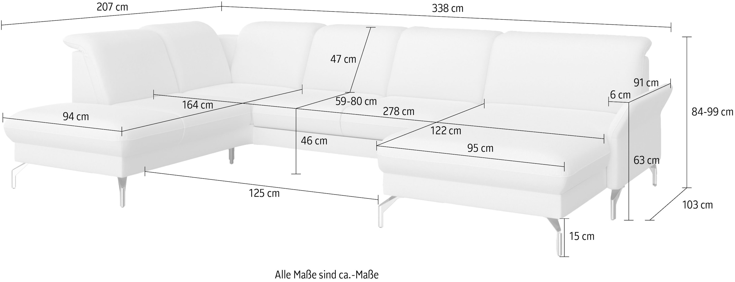 sit&more Wohnlandschaft »Fashion U-Form«, wahlweise mit Kopfteilverstellung, Vorziehsitz, motorisch, Metallfüße