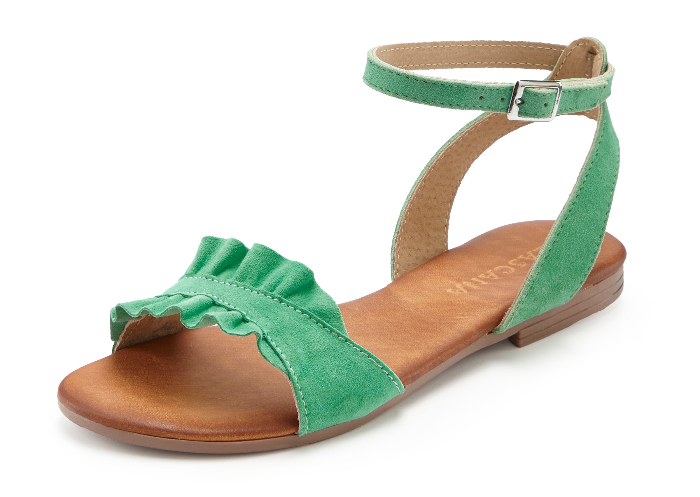 LASCANA Sandale »Sommerschuh«, Sandalette, Sommerschuh aus hochwertigem Leder mit kleinen Rüschen