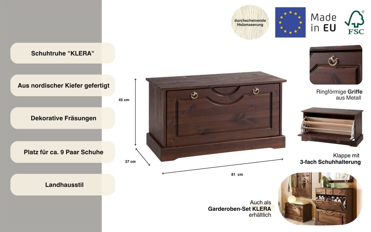 Home affaire Schuhtruhe »Klera« Breite 81 cm, aus massiver Kiefer, FSC®-zertifiziert