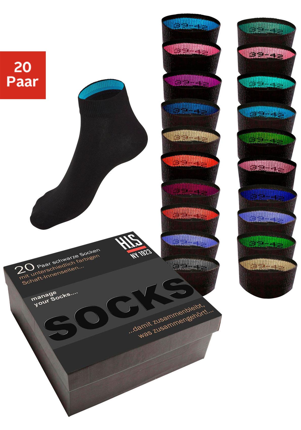 H.I.S Kurzsocken "für Damen und Herren, perfekt zu sortieren, mit farbigen Innenbündchen" Box, 20 Stk. tlg. in praktischer Geschenkbox für Beruf und Freizeit