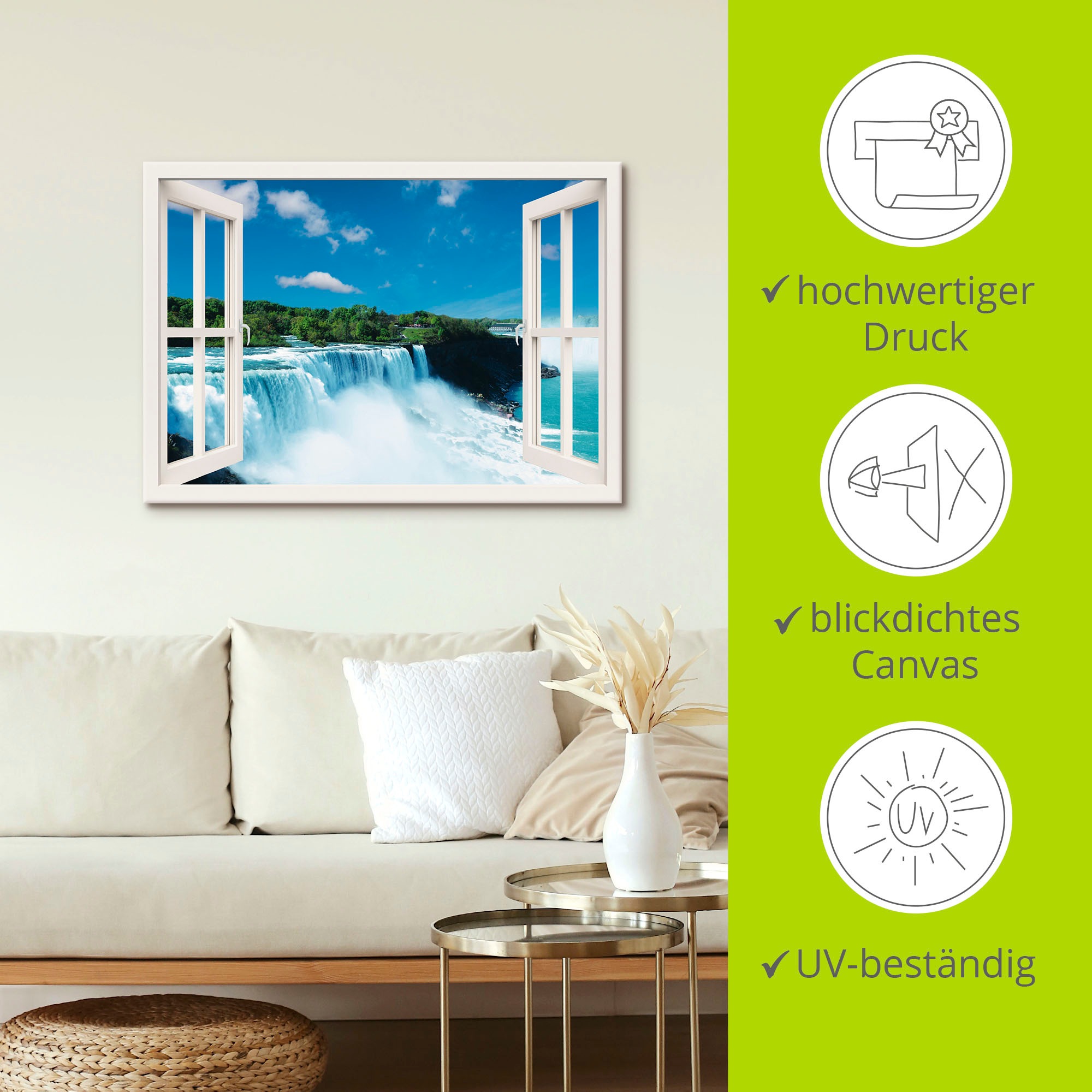 Artland Leinwandbild »Fensterblick - Niagara, weiß«, Fensterblick, (1 St.), auf Keilrahmen gespannt