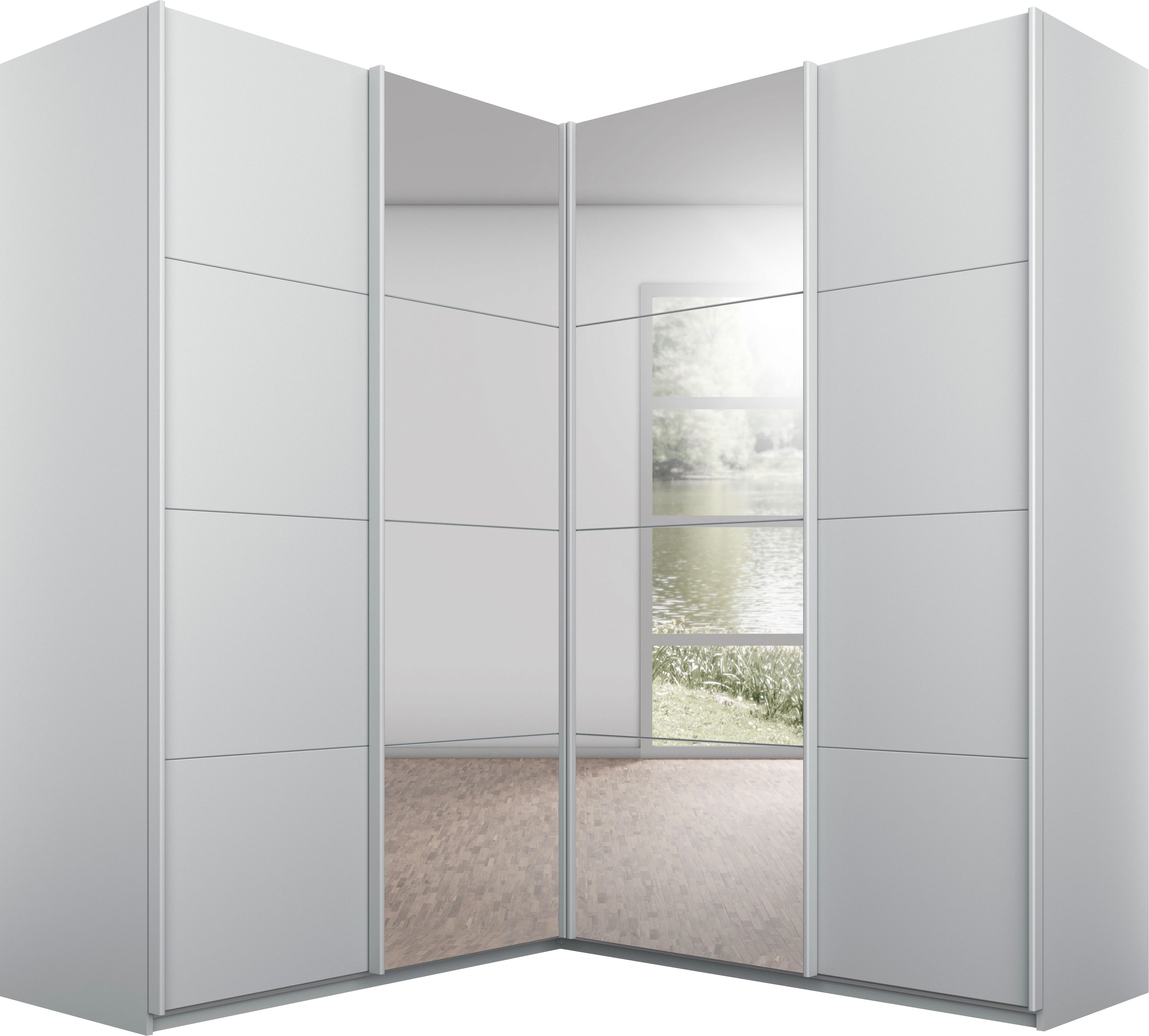rauch "Schrank Garderobe Eckkleiderschrank QUADRA Front in Dekor/Hochglanz" in den Höhen 210/229 cm, inkl. Soft-Close-Funktion, großer Eckschrank mit viel Stauraum, Maß 181x187 cm MADE IN GERMANY