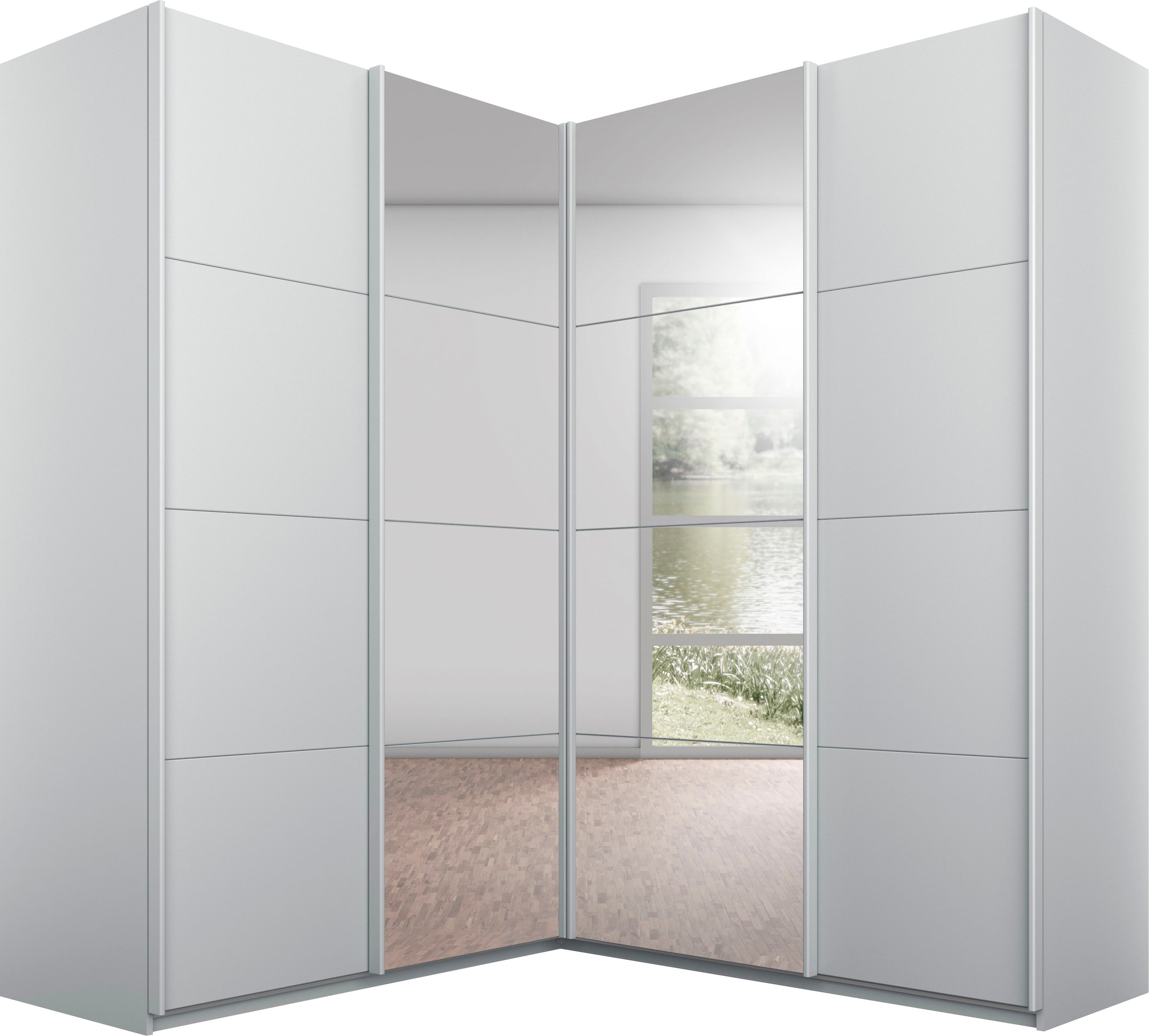 rauch Schwebetürenschrank "Schrank Garderobe Eckkleiderschrank QUADRA Front in Dekor/Hochglanz" Maß 181x187 cm, Höhen 210/229 cm, inkl. Soft-Close-Funktion, extra großer Eckschrank inkl. Schubladeneinsatz MADE IN GERMANY