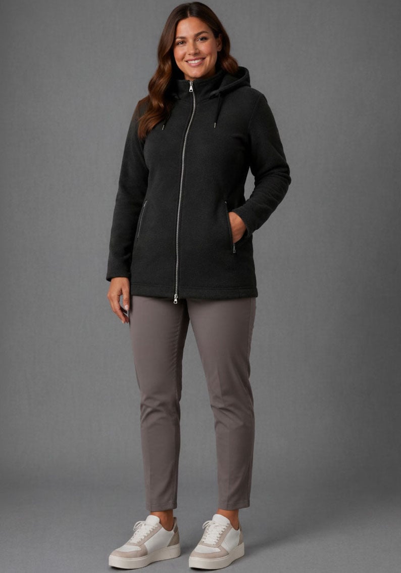 Polarino Strickfleecejacke mit Kapuze mit 2-Wege-Reißverschluss, po-bedeckend, figurumspielend, atmungsaktiv