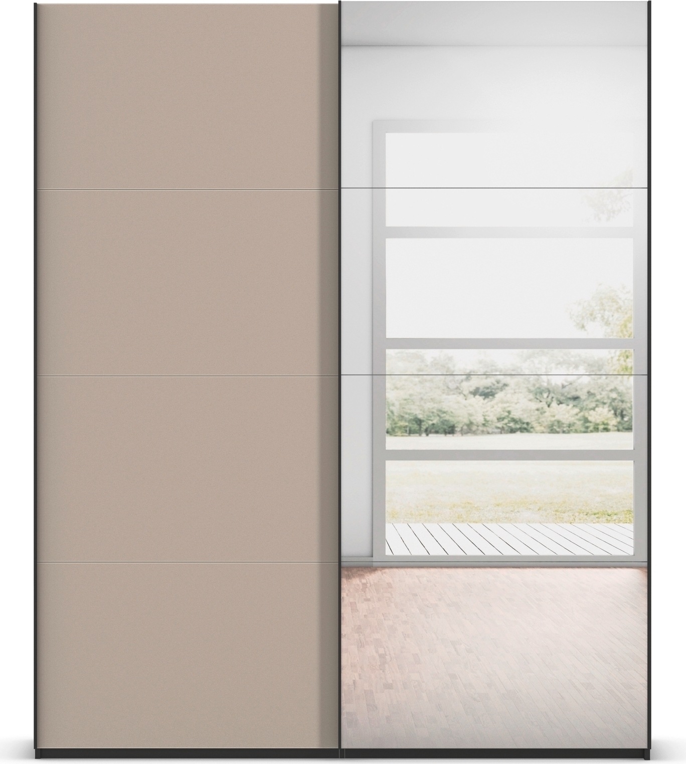 rauch Schwebetürenschrank »Kleiderschrank Schrank Garderobe Schlafzimmerschrank SCALE-FYRA«, edle viergeteilte Türen Spiegel/Glas-Mix viele Farben MADE IN GERMANY