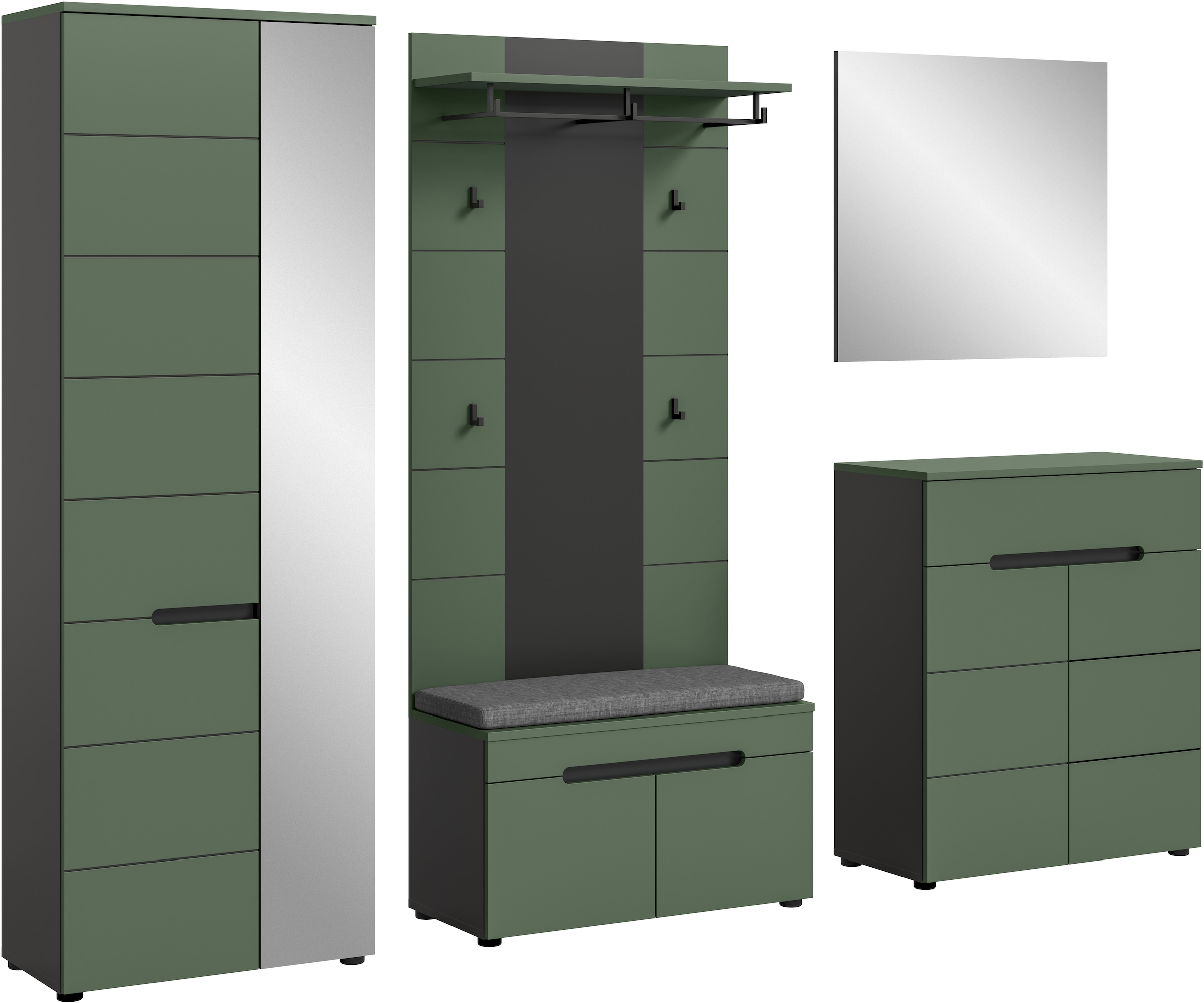 Home affaire Garderoben-Set "REHAT, TOPSELLER, 5-teilig, Breite 255 cm, individuell erweiterbar" Set, bestehend aus: Schrank, Sitzbank, Sitzkissen, Paneel, Spiegel, Kommode, 6 Stk. tlg.