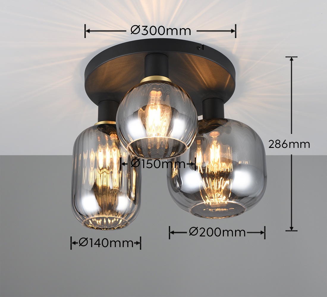 TRIO Leuchten Deckenleuchte »DIVA, E27 Deckenlampe 3-flammig mit Glasschirm, exkl 3xE27 max 10W«, 3 flammig, Leuchtmittel E27 | Leuchtmittel wechselbar, Deckenlampe Ø 39cm, Glasschirme in 3 Formen, Lampe Wohnzimmer Küche