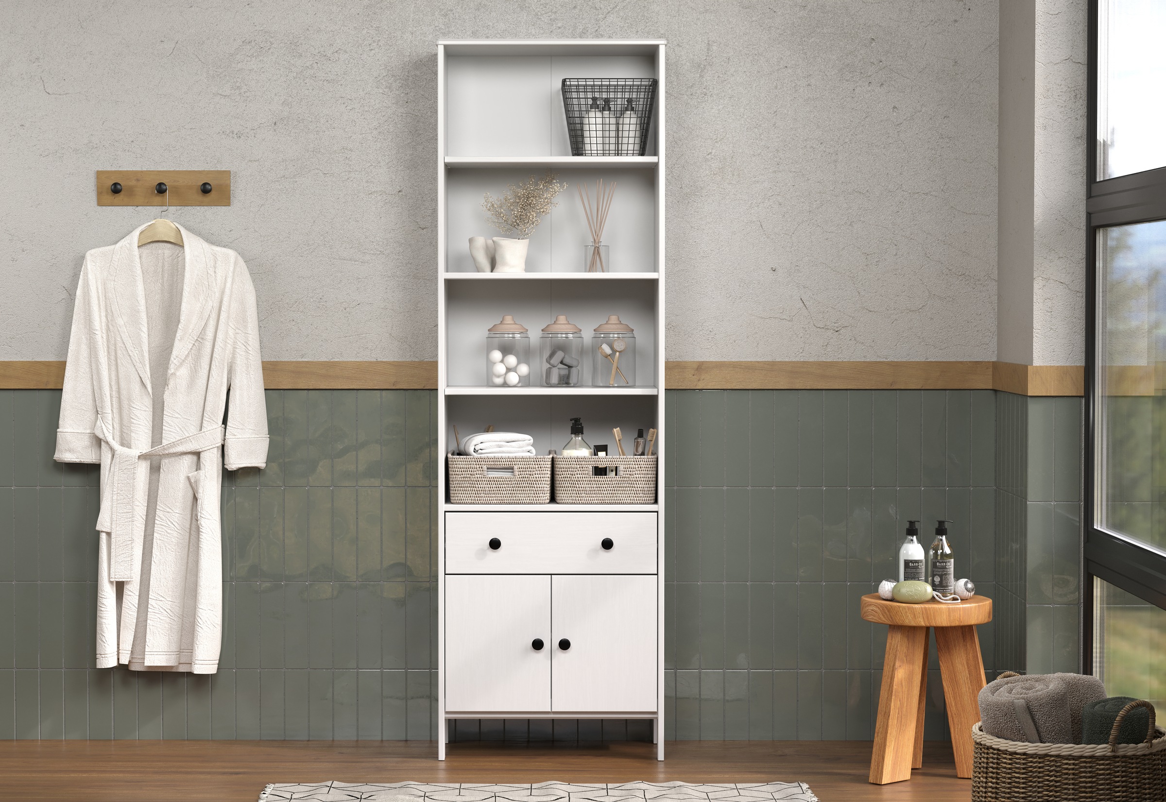 welltime Hochschrank »Kall«, (1 St.), Badezimmerschrank aus Kiefer-Massivholz - Maße (B/T/H) 60/33/188 cm