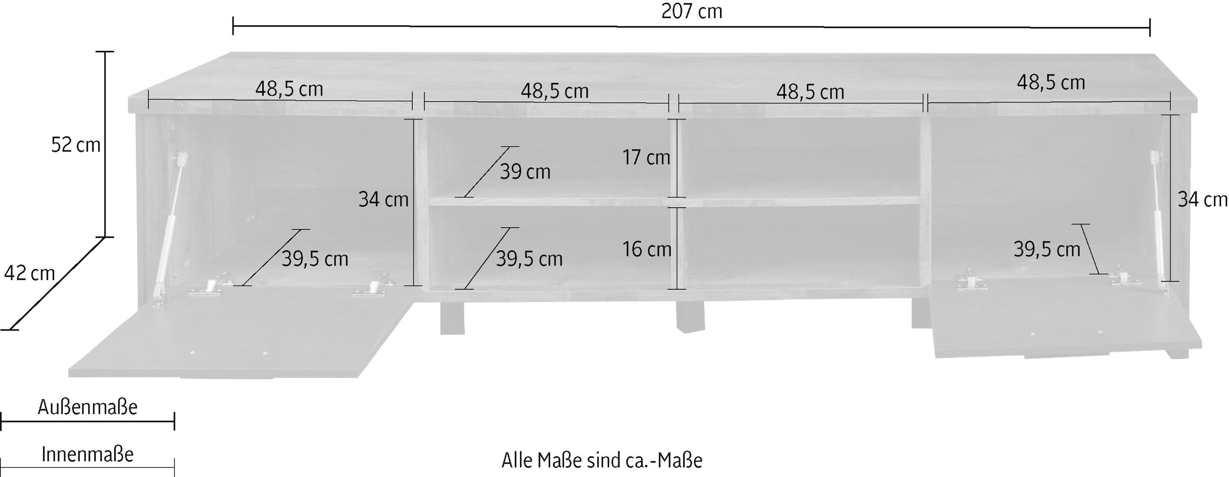 Home affaire Lowboard »Bristol«, Breiter Fernsehtisch im Industrial Style - Maße (B/T/H) 207/42/52 cm