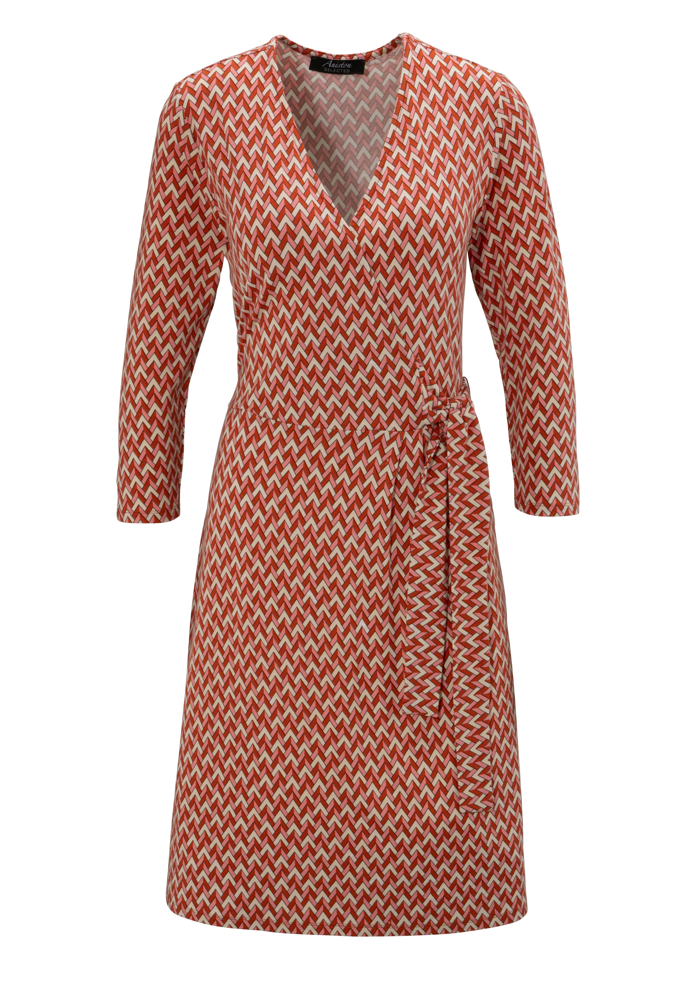Jerseykleid, mit | Aniston SELECTED Bindedetail BAUR und - NEUE für Muster bestellen KOLLEKTION seitlichem geometrischem