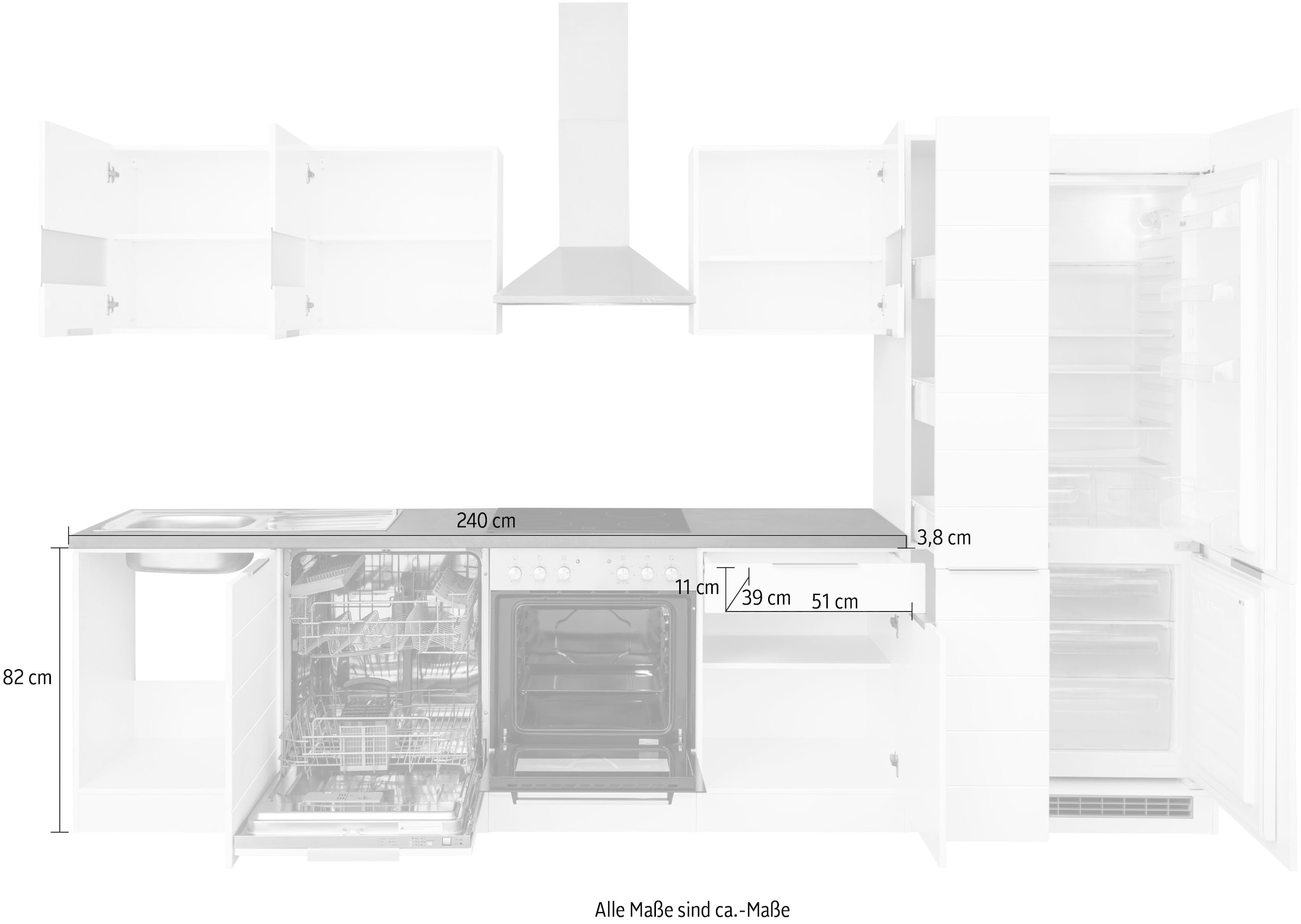 KOCHSTATION Küchenzeile »KS-Luhe« 330 cm breit, wahlweise mit oder ohne E-Geräten, gefräste MDF-Fronten