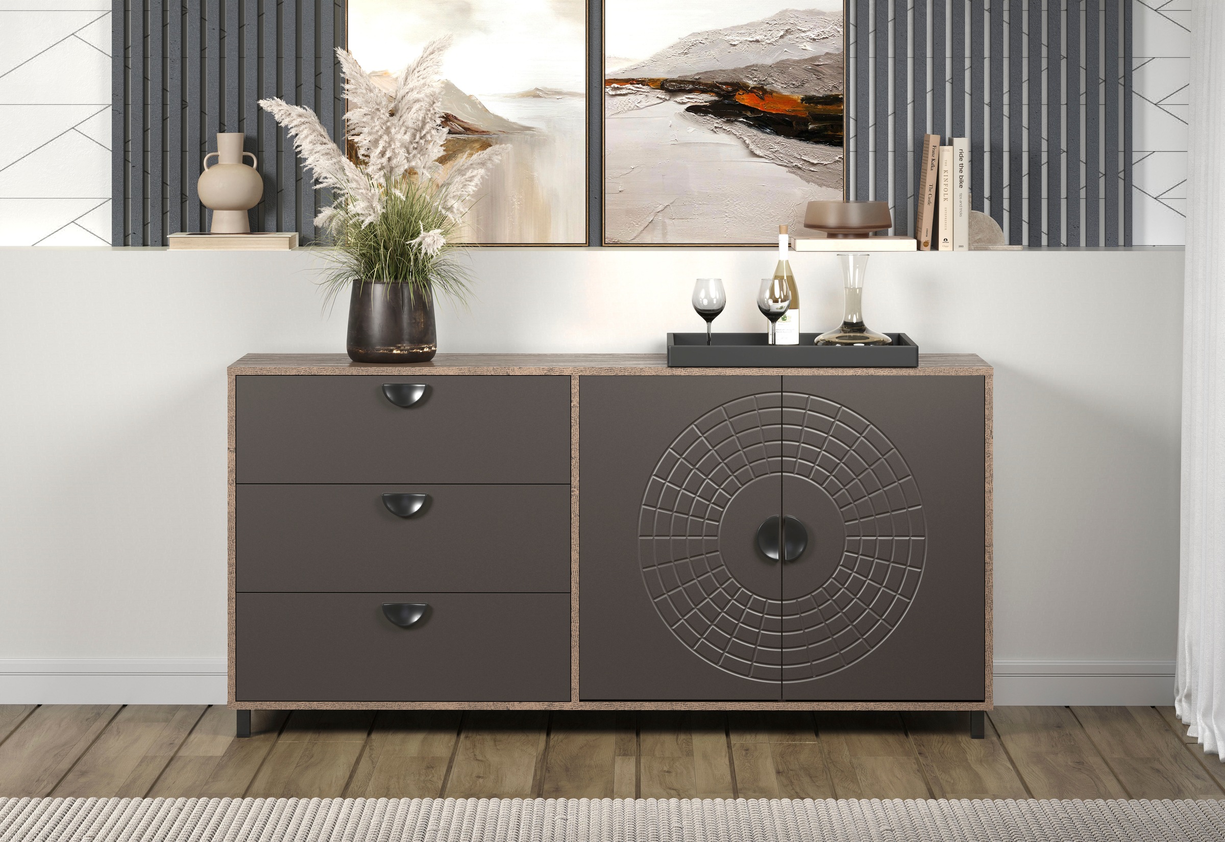 Home affaire Sideboard »Fusion« 1 Stk. tlg. Kommode mit markantem Kreismuster - Antikoptik - (B/T/H) 176/42/86 cm