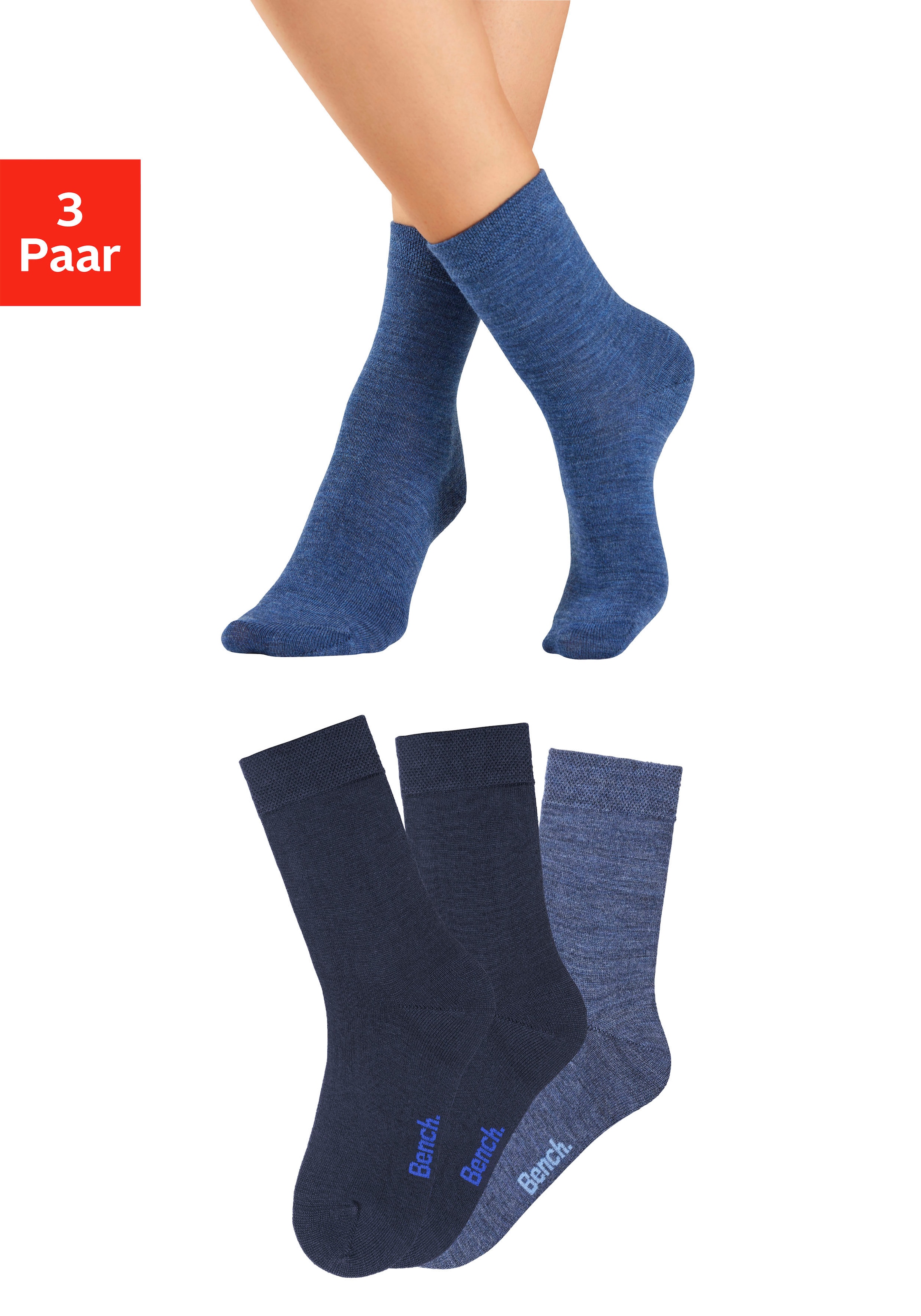 Bench. Socken "Damen Wollsocken; Basic mit weichem Gummibund, Wandersocken" Packung, 3 Paar tlg. Damensocken aus flauschigem Material mit wärmender Wolle
