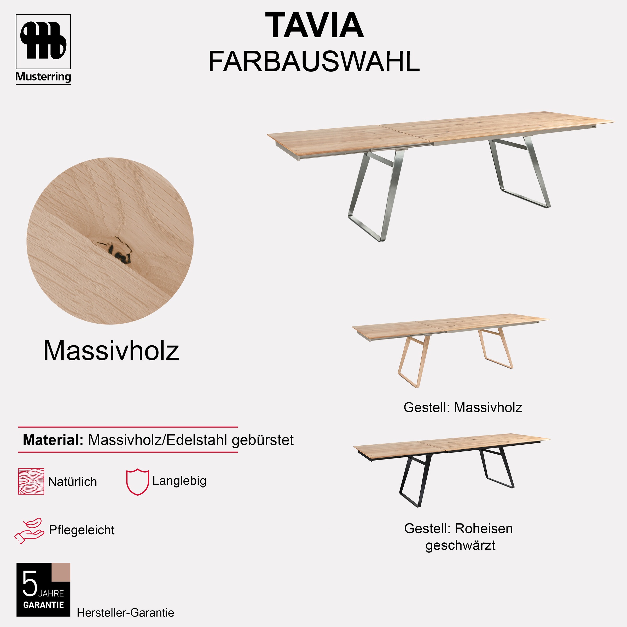 Esstisch MUSTERRING "Tavia", braun (edelstahlfarbig), B:180cm H:76cm T:100cm, Tische, Esstisch, Bügelgestell in 3 Farben, Platte Charakter-Eiche geölt, ausziehbar 2