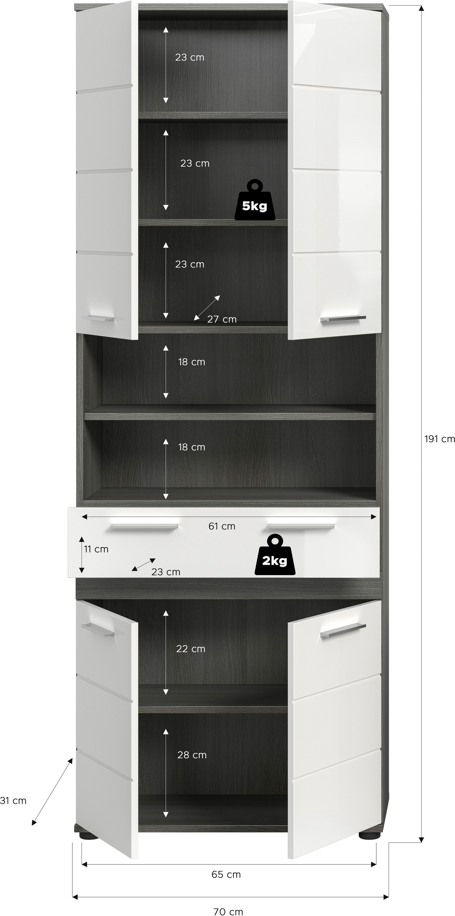 welltime Hochschrank »LUCCA, Breite 70cm, 4 Türen, 1 Schubkasten, 7 Fächer« Badschrank, Badmöbel, Badezimmer, Universalschrank, Mehrzweckschrank