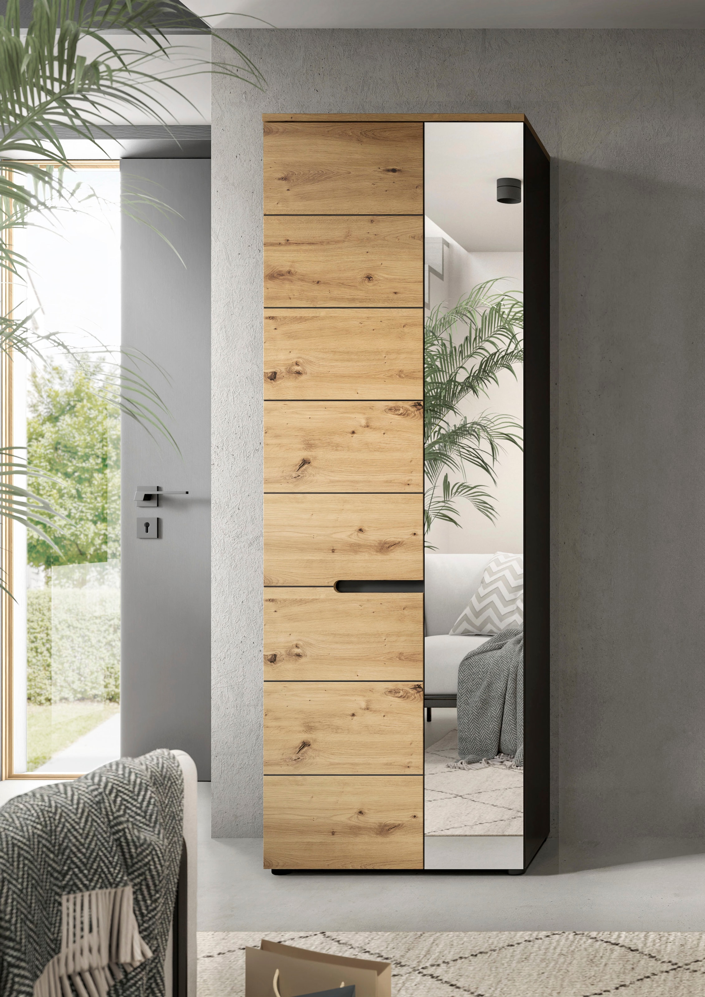 INOSIGN Garderobenschrank »Rehat, Höhe: 190cm, in Basalt grau/ Artisan Eiche, 2 Türen, 6 Fächer«, Garderobe, Flurschrank, Dielenschrank, Kleiderschrank, Garderobenmöbel