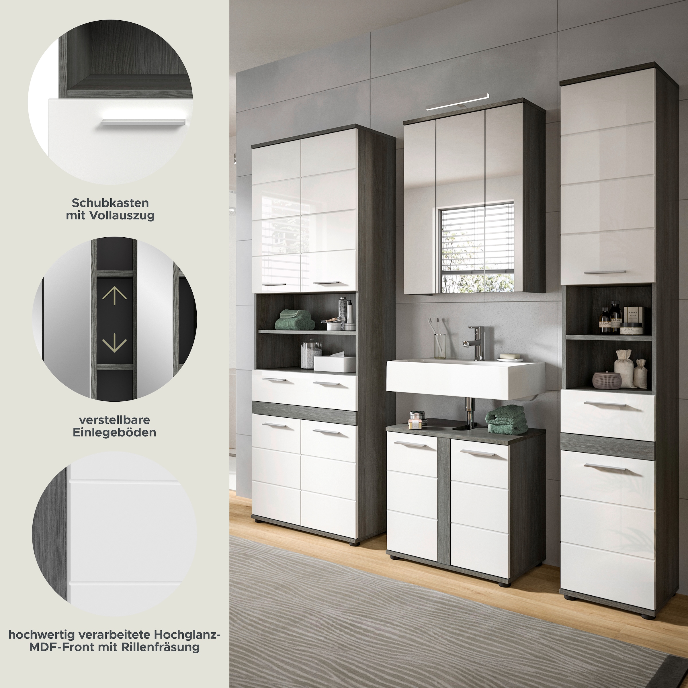 welltime Badmöbel-Set »LUCCA, 4-tlg. Badkombination, viel Stauraum, modernes Design« 4 Stk. tlg.