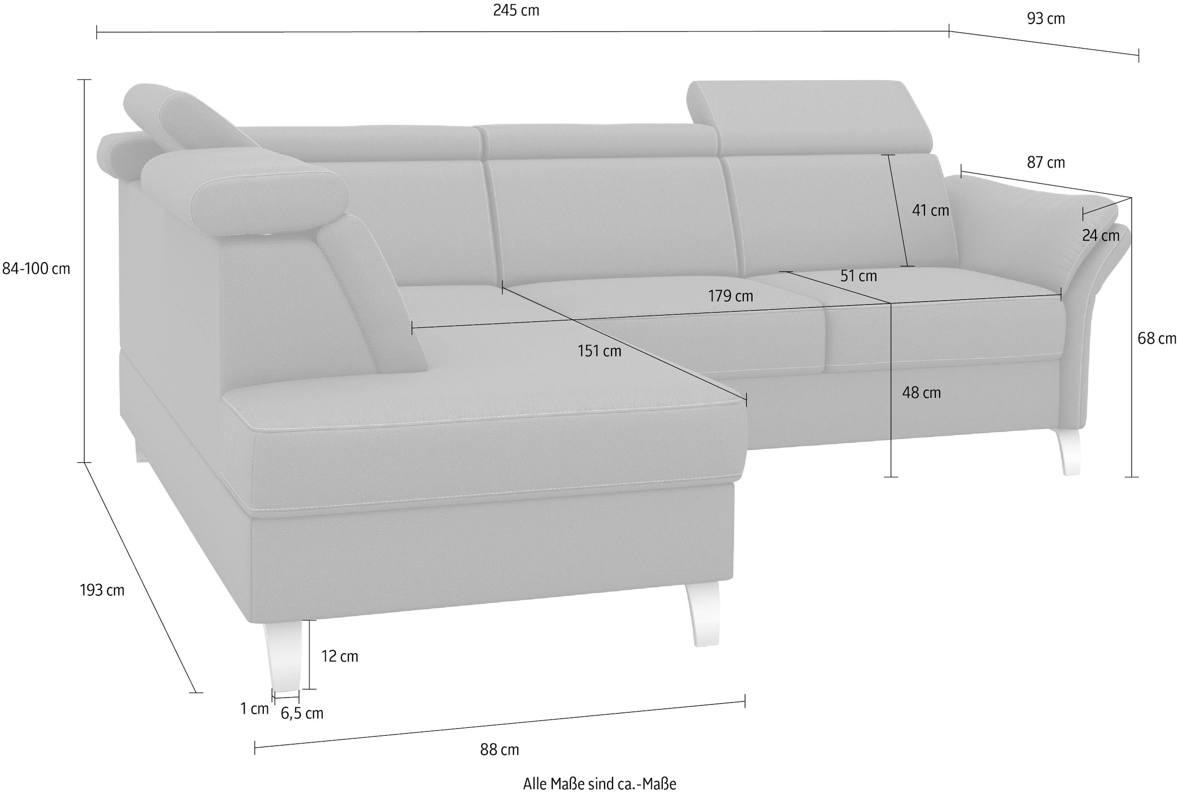 sit&more Ecksofa »Vincenzo L-Form«, inklusive Kopfteilverstellung, wahlweise mit Bettfunktion, Bettkasten