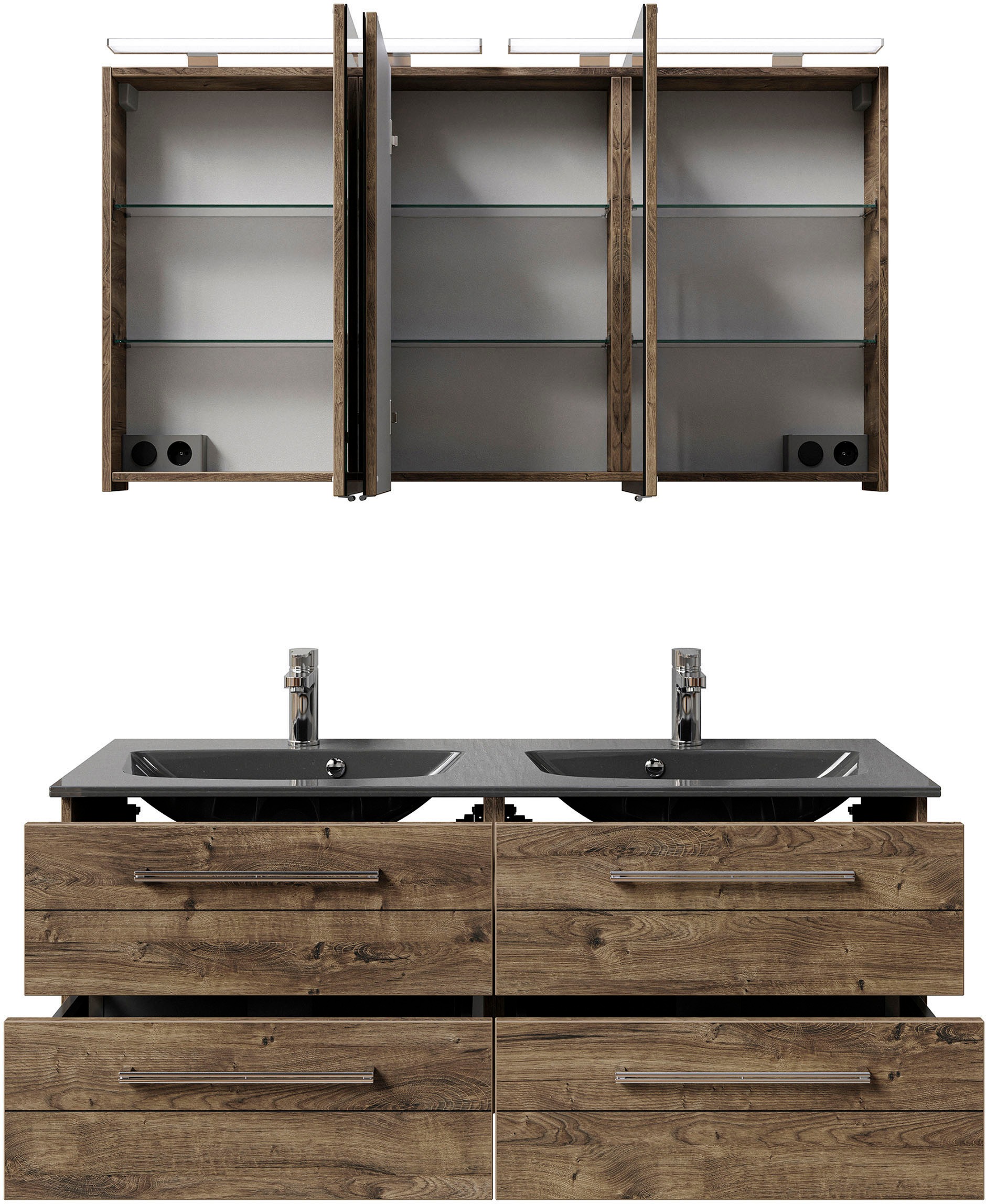 Saphir Badmöbel-Set »Serie 6025 2-teilig Mineralmarmor-Waschtisch mit LED-Spiegelschrank«, (2 St.), Waschplatz 132cm breit, 4 Schubladen, 2 Spiegel-Türen, inkl Türdämpfer