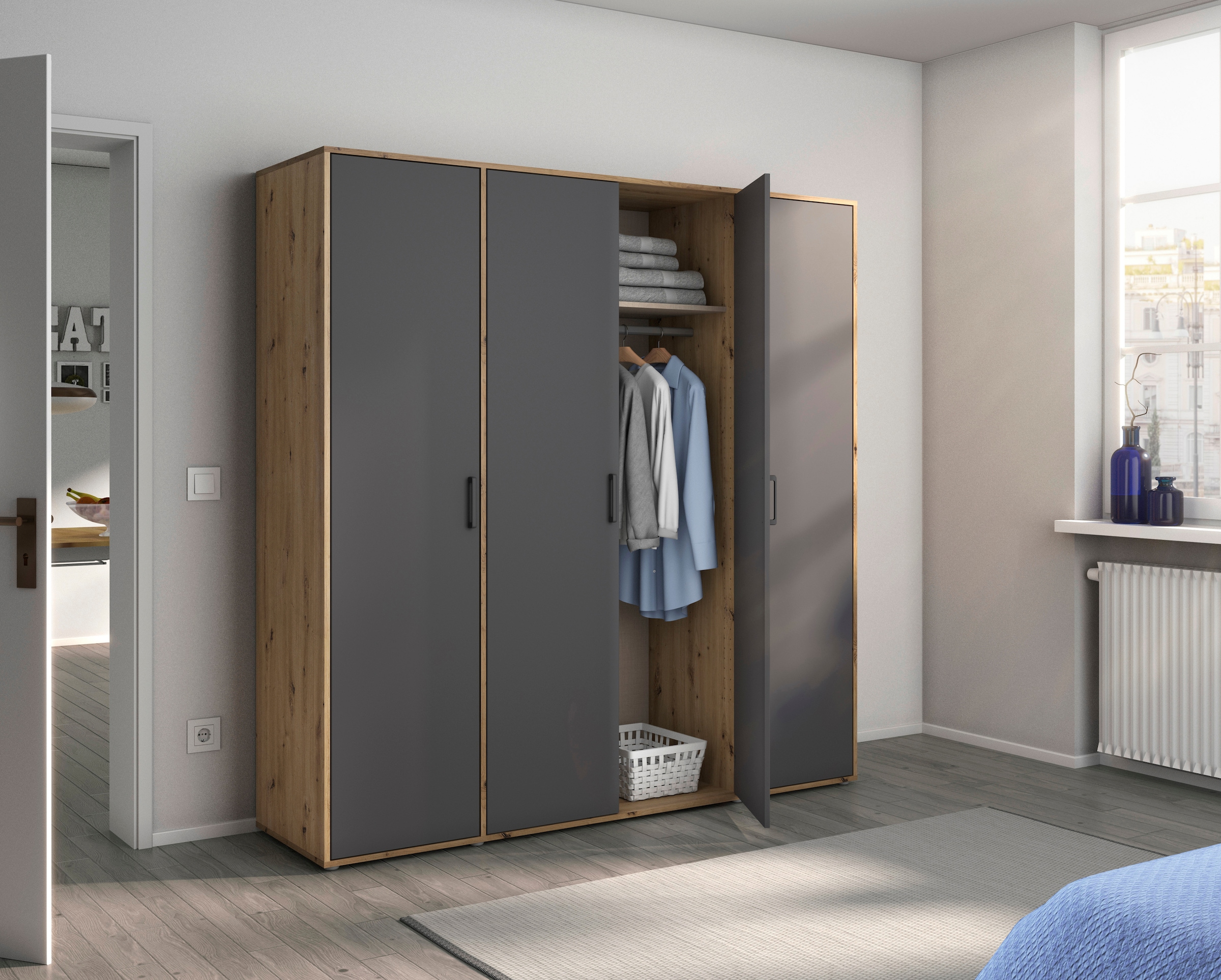 rauch Kleiderschrank »VOYAGER Garderobe Wäscheschrank TOPSELLER Schlafzimmer«, (in 3 verschiedenen Ausstattungen BASIC/CLASSIC/PREMIUM), Schrank mit modernen Griffen in viel Stauraum MADE IN GERMANY