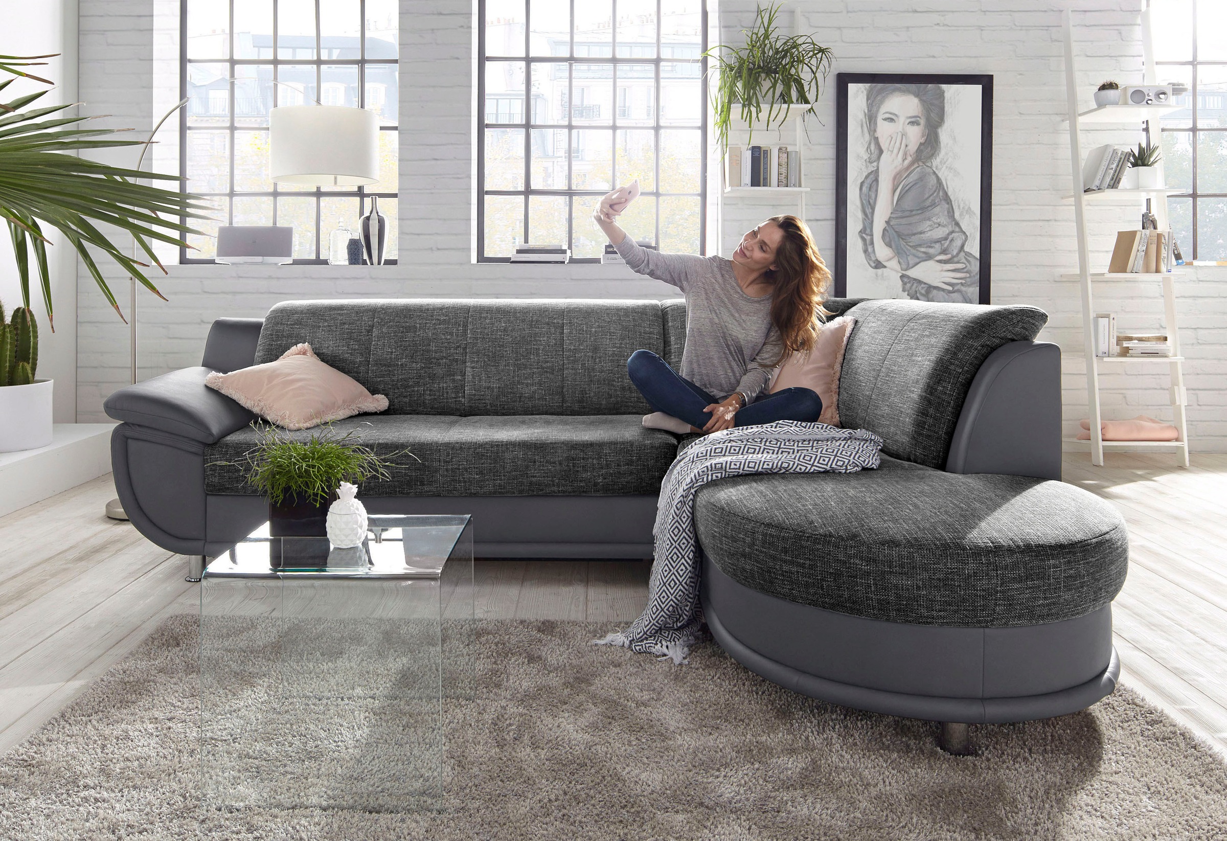 TRENDMANUFAKTUR Ecksofa »Rondo 3, zeitlos und bequem, Materialmix, breite Armlehnen, L-Form«, wahlweise mit Federkern für mehr Komfort, wahlweise mit Bettfunktion