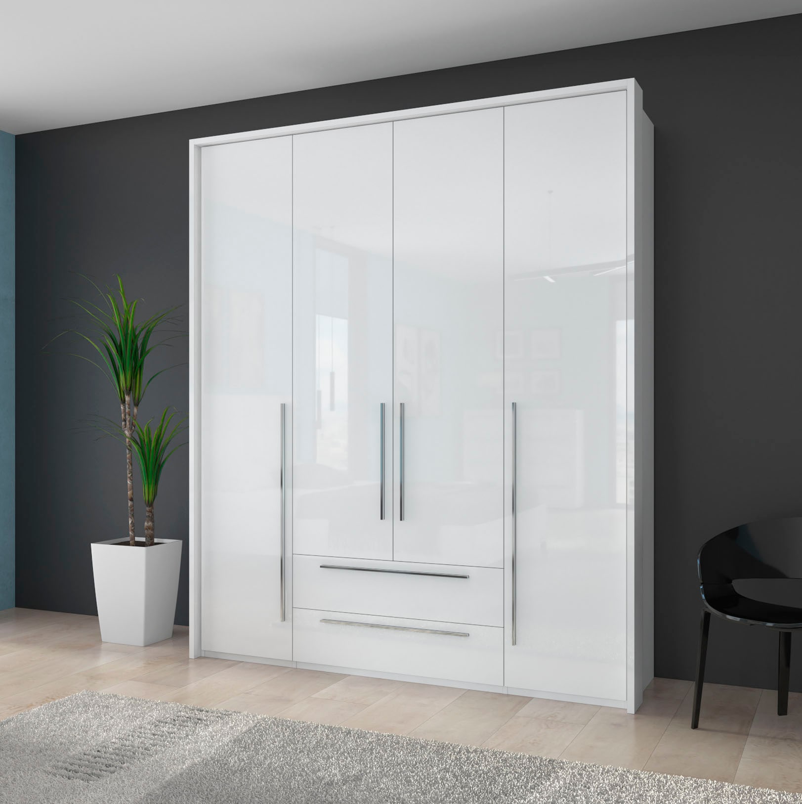 OTTO home Drehtürenschrank "Piano, inklusive Rahmen und Beleuchtung, soft-close-Funktion" viele Breiten zur Auswahl, 226cm hoch, mit jeweils 2 Schubladen, beige oder weiß, UV lackiert, Hochglanzfronten, FSC-zertifiziert