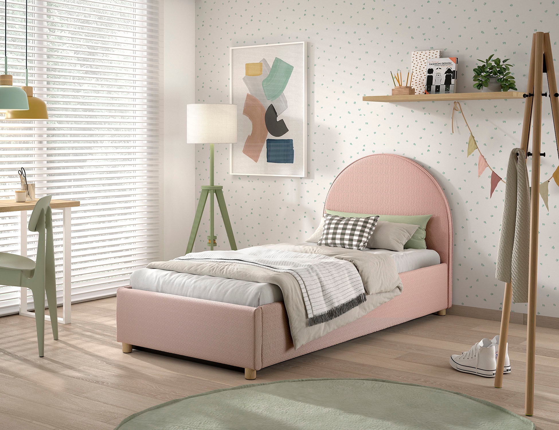 Vipack Boxbett »Moon, mit Lattenrost und Stauraum, modernes Design«, (gerundetes Kopfteil und in 2 Breiten erhältlich), inkl. Massivholz Füßen in natur, 3 Stoff Farben zur Auswahl