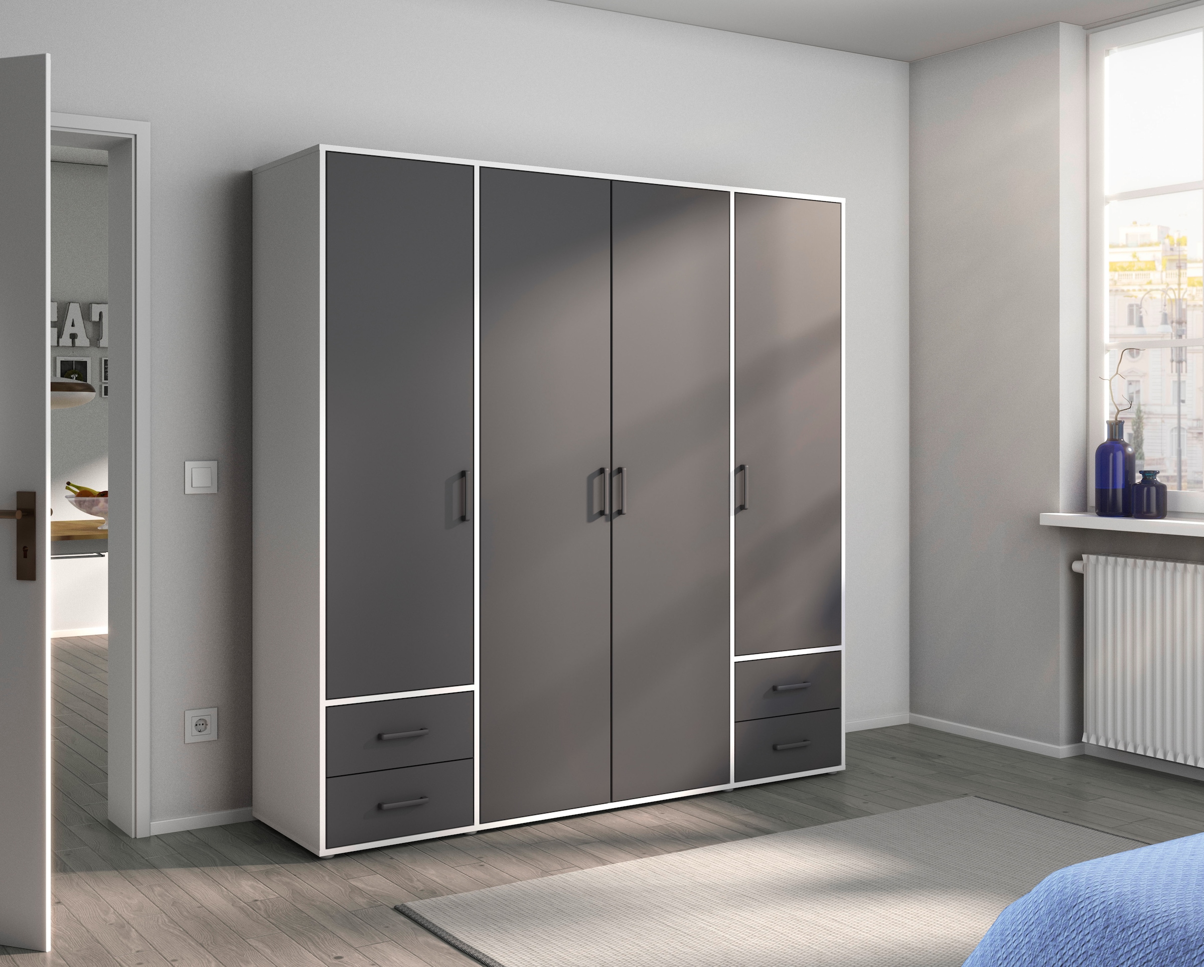 rauch Drehtürenschrank "Kleiderschrank Schrank Garderobe Wäscheschrank VOYAGER" in 3 verschiedenen Ausstattungen BASIC/CLASSIC/PREMIUM, mit 2 modernen Griffvarianten, mit Außenschubladen MADE IN GERMANY