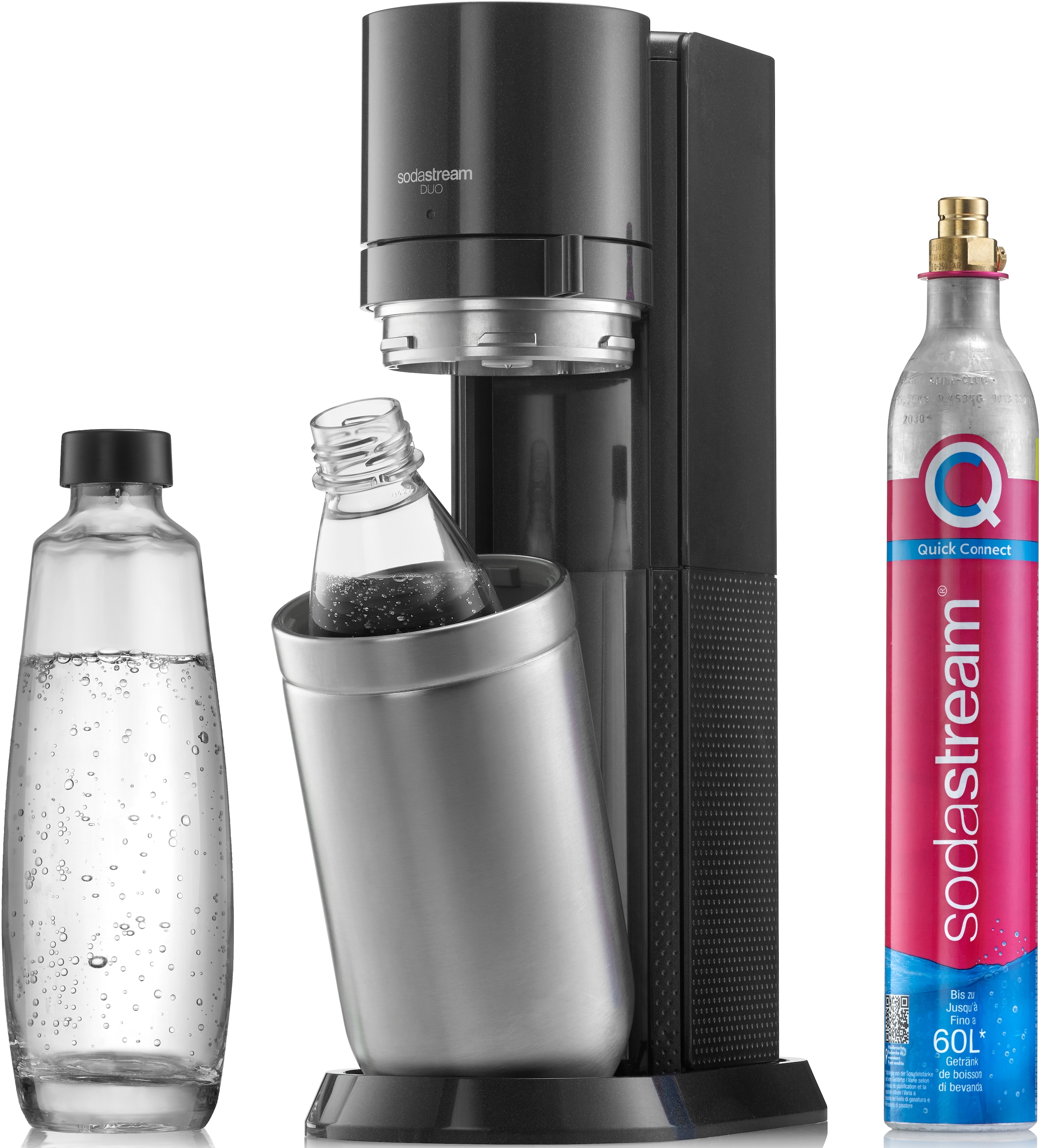 SodaStream E-Duo, Elektrischer Wassersprudler mit CO2-Zylinder, Glasflasche  und 2X 1L spülmaschinenfeste Kunststoff-Flasche, Höhe: 44cm, Farbe: Titan :  : Küche, Haushalt & Wohnen