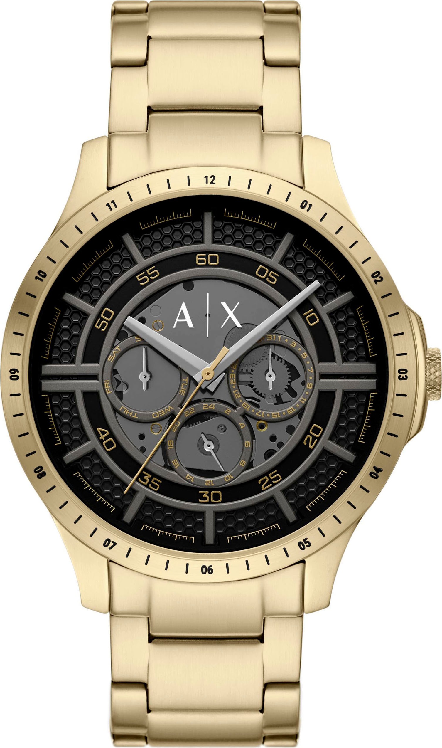 Quarzuhr ARMANI EXCHANGE, gold (goldfarben), Armbanduhren, Herren, Quarzuhr, Armbanduhr, Herrenuhr, Edelstahlarmband, analog, Tag, Wochentag