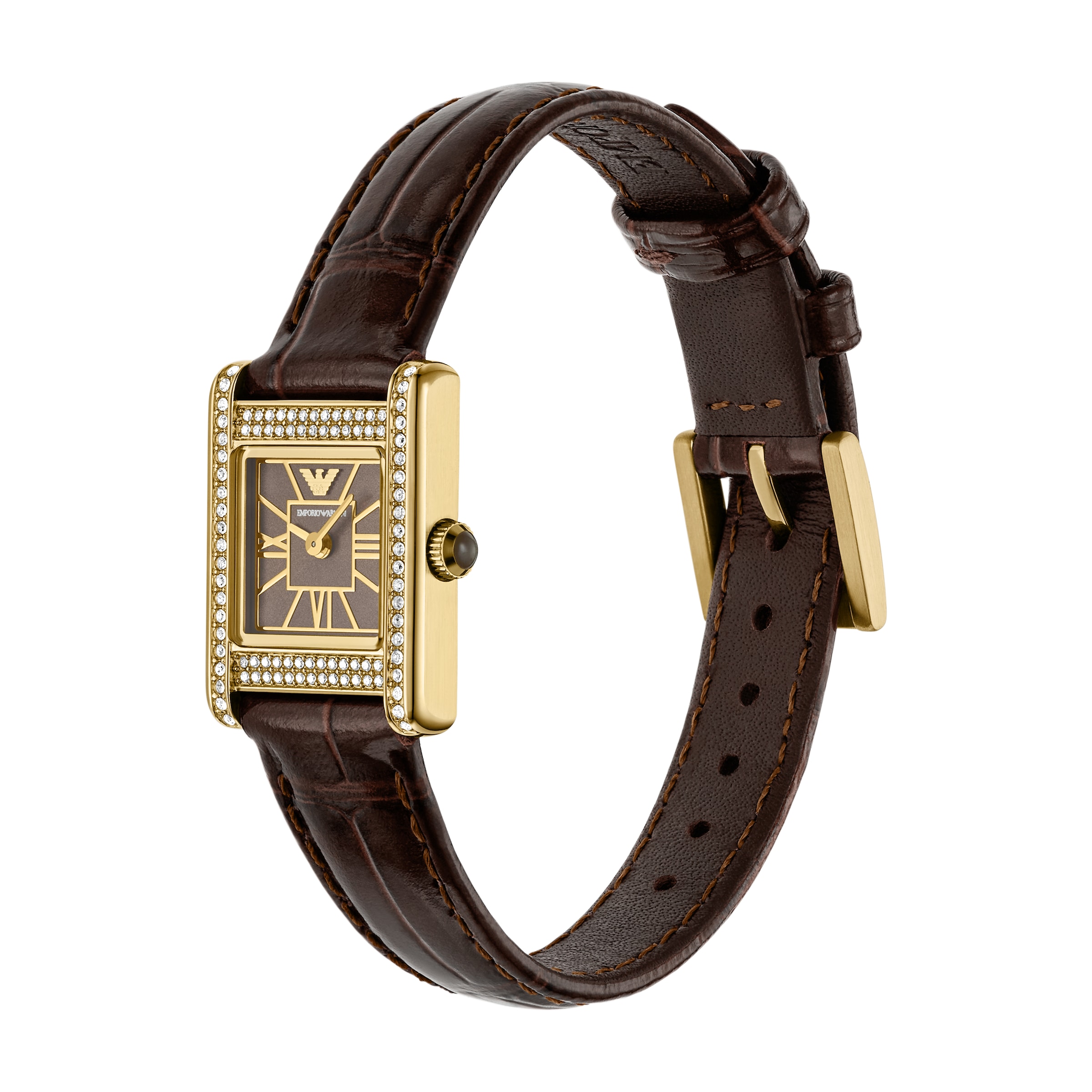 Emporio Armani Quarzuhr, Armbanduhr, Damenuhr, Lederarmband, analog, Glassteine