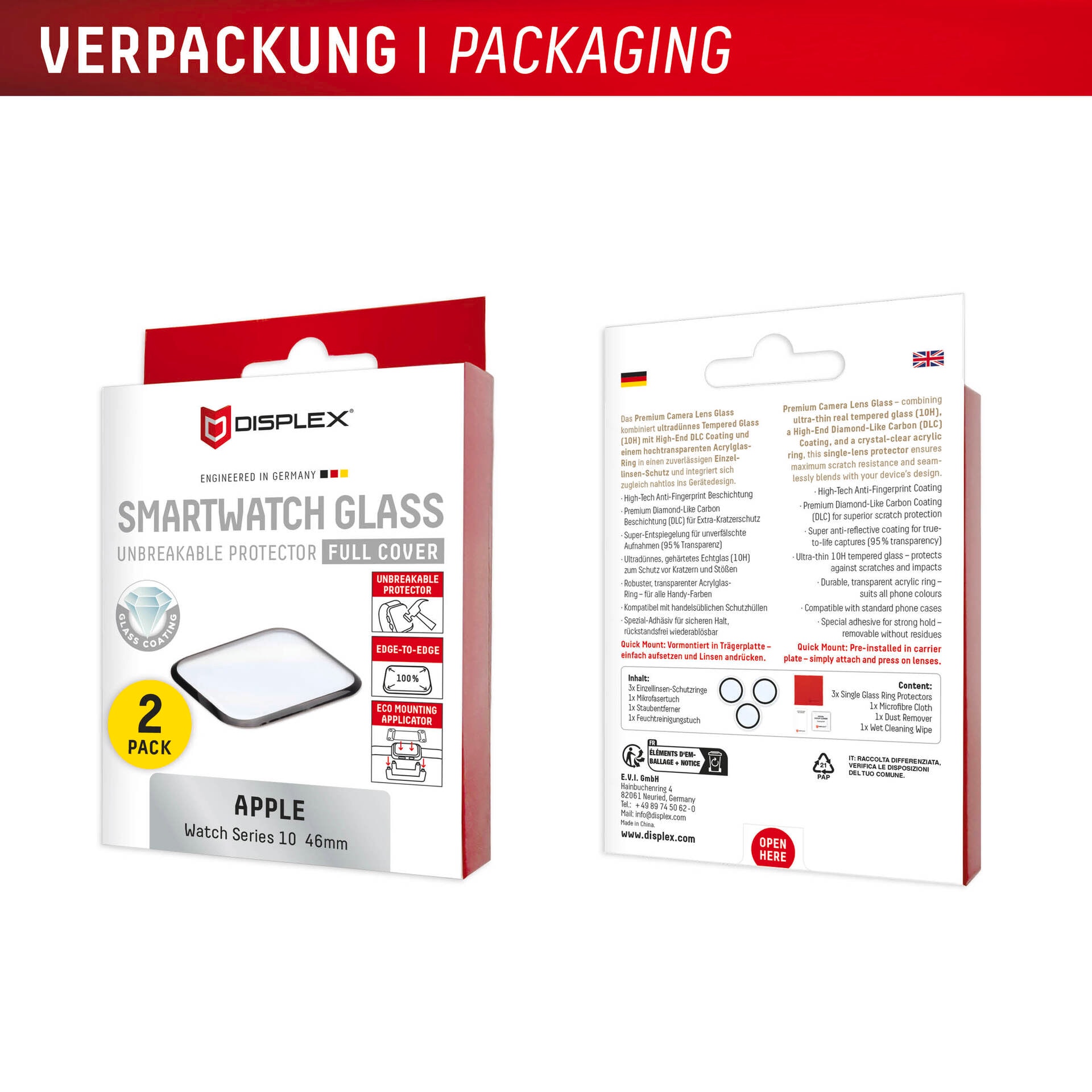Displex Displayschutzglas »Smartwatch Glass Unbreakable Protector Full Cover«, für Apple Watch Series 10 46 mm, (Packung, 2x Acrylglas Protector), Displayschutzfolie, Schutzfolie, Bildschirmschutz, kratz- & stoßfest