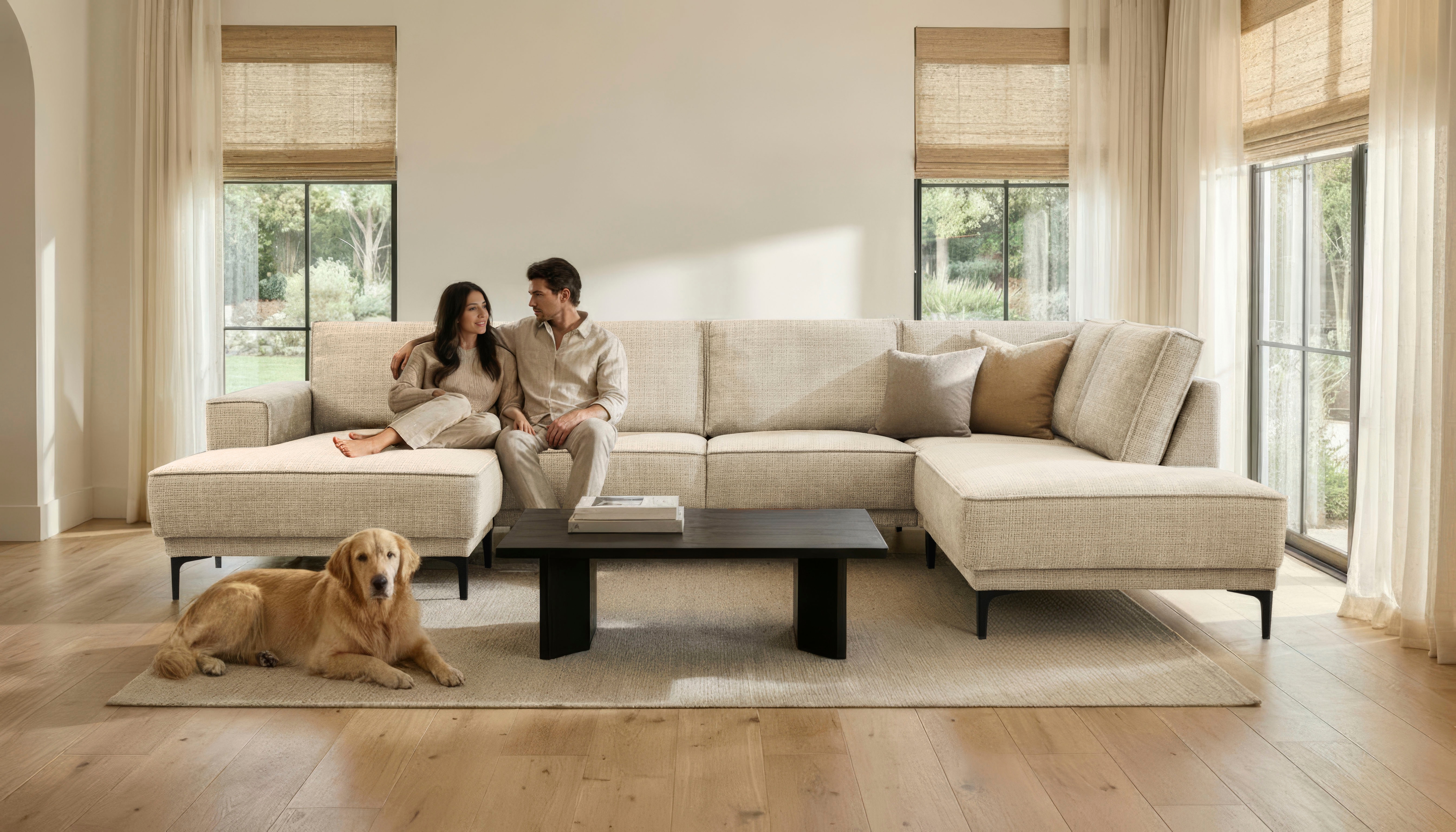OTTO home Wohnlandschaft "OLAND Chenille U-Form, XXL, B: 345 cm, Skandi-Design" U-Form, 345 cm, Wellenunterfederung, Skandi-Design, Metallfüße