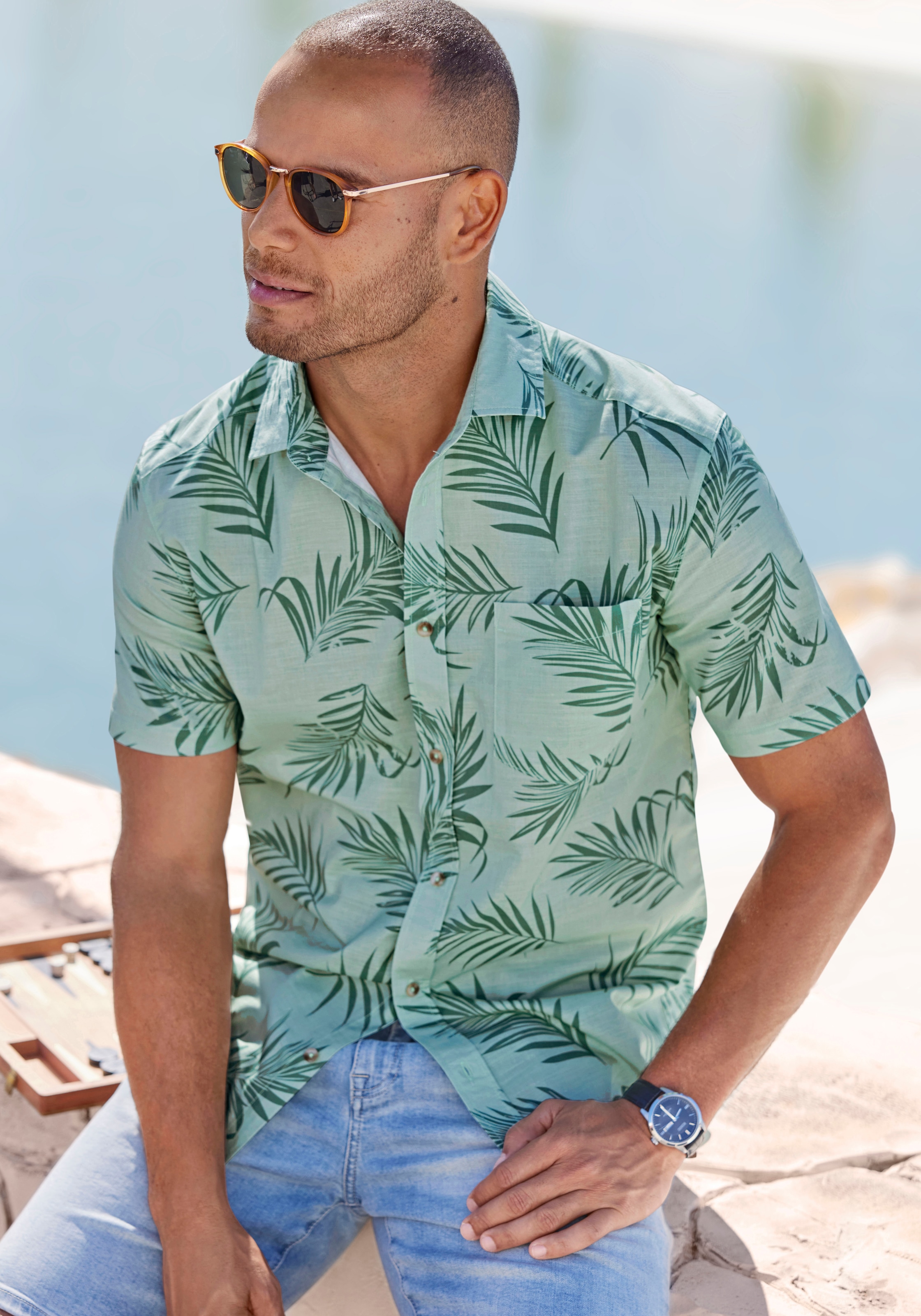 Hawaiihemd »Regular fit«, Langarm, Freizeithemd mit Palmenprint aus reiner Baumwolle