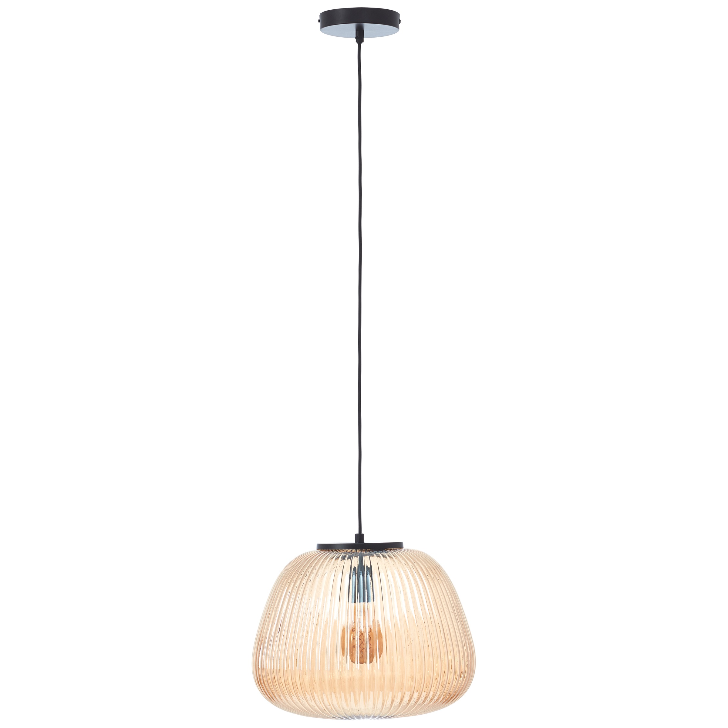BRILLIANT Pendelleuchte "Kaizen", schwarz (amber, bernstein, schwarz matt), 1, Ø 35cm, 1 Stk., Leuchten, Riffelglas, D 35 cm, E27, kürzbar, Amber-Bernsteinfarben, Pendelleuchte