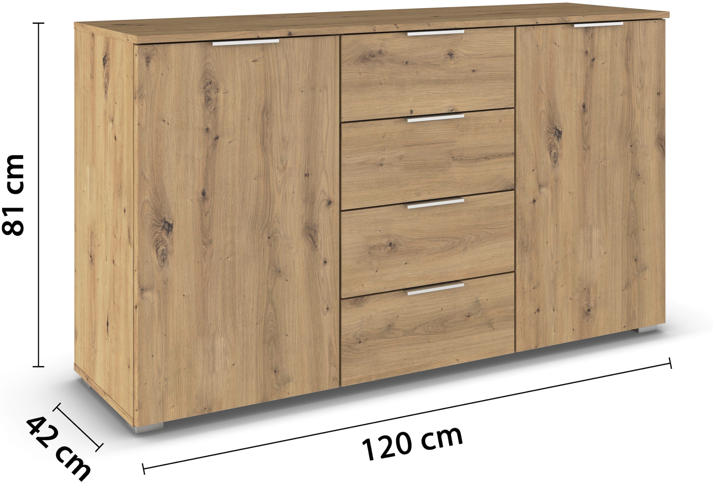 rauch Kombikommode »Sideboard Schubladenkommode AGORDO mit Dekor- oder Hochglanzfront« in zwei Griff-Farben, Breite 120 cm,  vier große Schubladen, mit insgesamt 4 Einlegeböden MADE IN GERMANY
