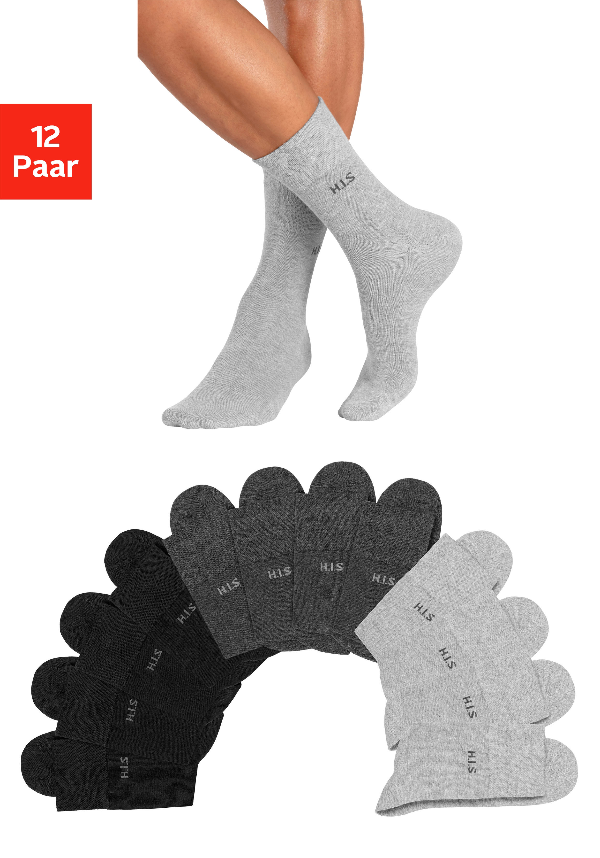 H.I.S Socken "Herren Basic Strümpfe Atmungsaktive Baumwolle, Männersocken Business" Packung, 12 Paar tlg. ohne einschneidendes Gummi