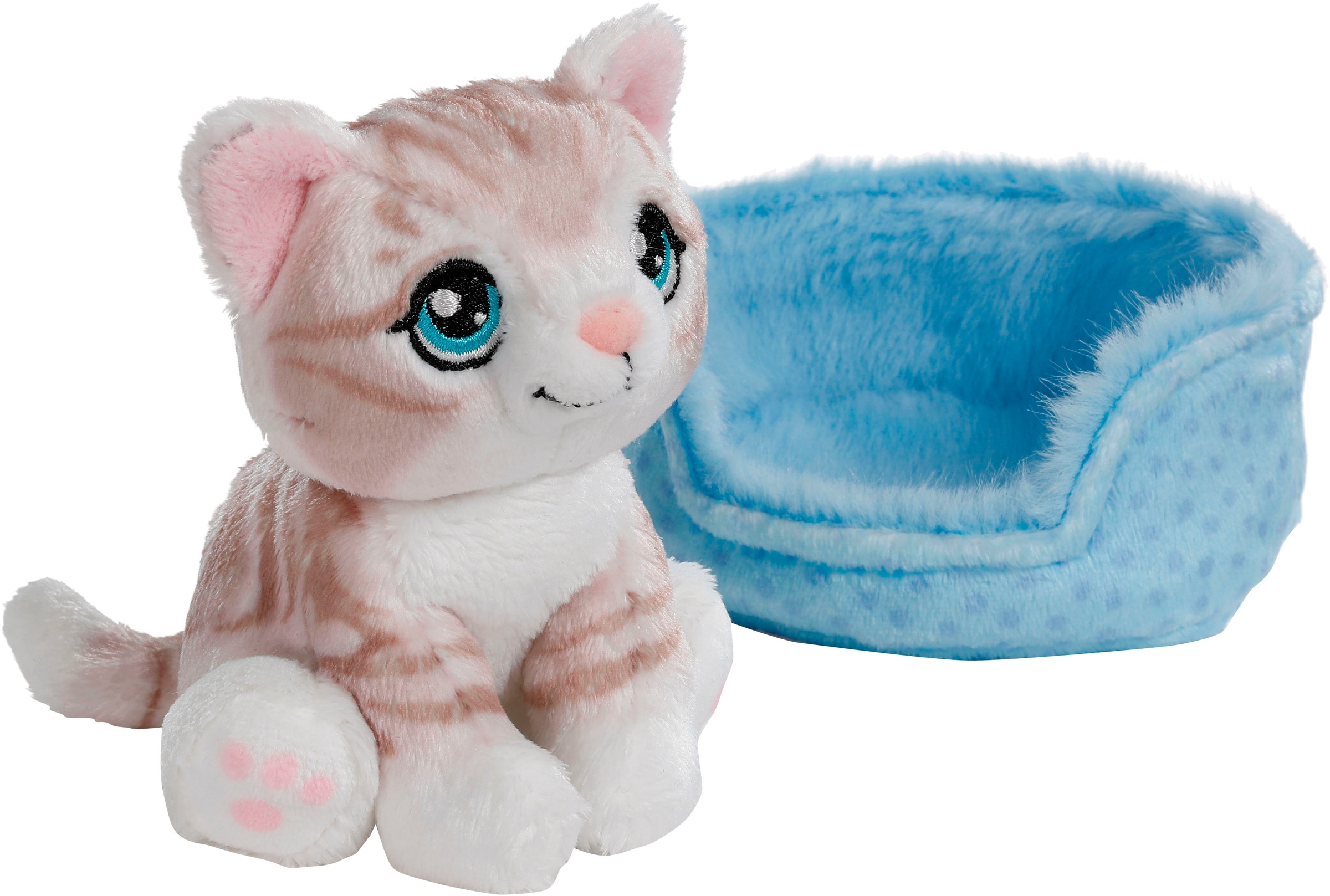 Nici Kuscheltier »Little Paws, Katze grau getigert, 12 cm, im Körbchen blau«