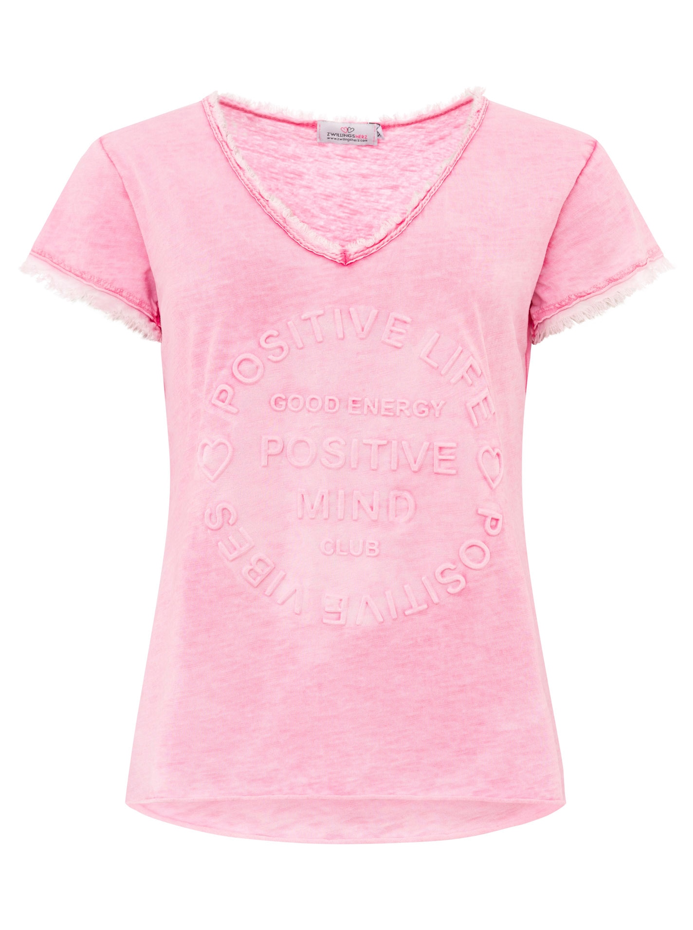 Zwillingsherz T-Shirt »"Positive Mind"«, mit V-Neck, Stempeldruck und Saum im Used-Look