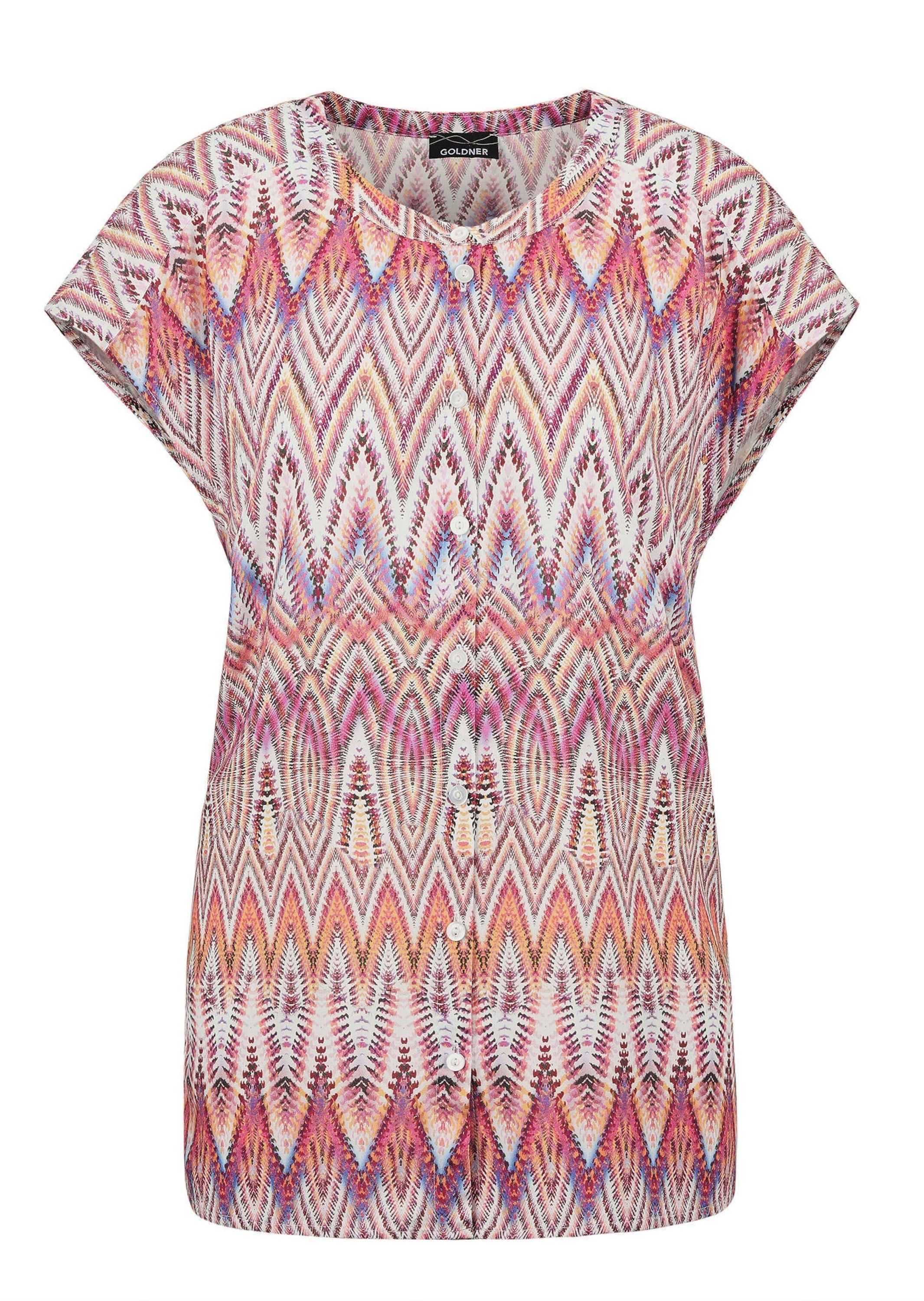 GOLDNER Kurzarmbluse "Kurzgröße Kurzarm Printbluse für Damen multicolor" Knöpfe