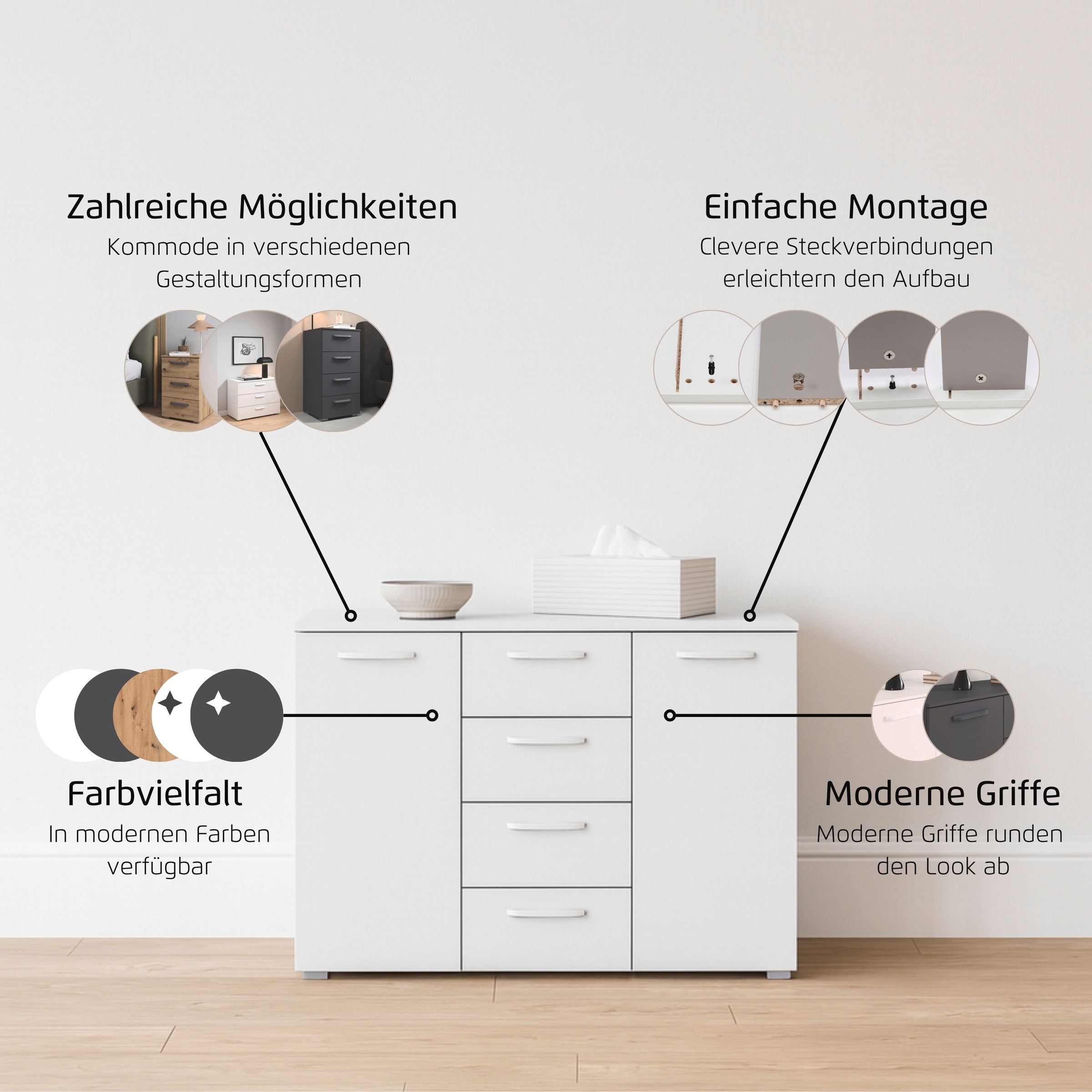 rauch Kombikommode »Sideboard Schubladenkommode OTELI mit Dekor- und Hochglanzfront« Breite 120 cm inkl. Soft-Close-Funktion,  vier große Schubladen und 2 Türen, mit 4 Einlegeböden MADE IN GERMANY