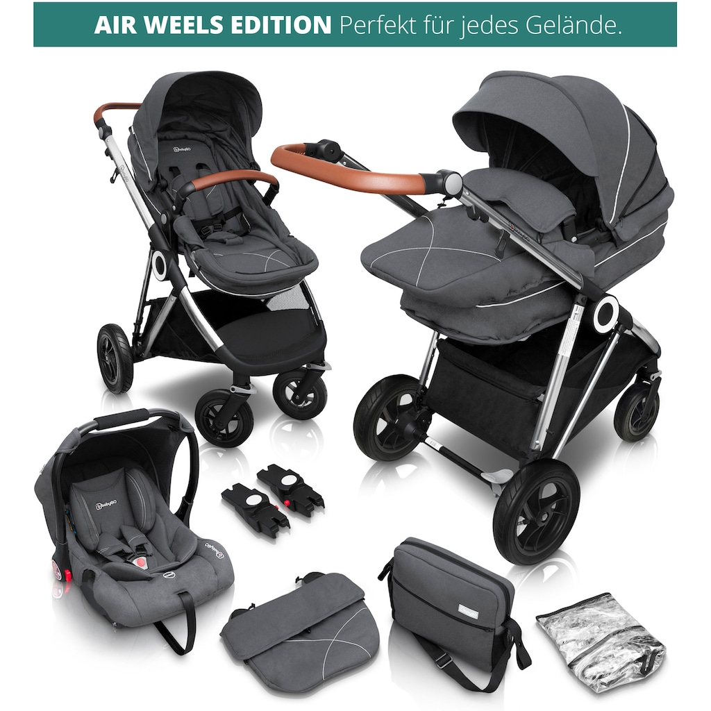 BabyGo Kombi-Kinderwagen »Halime AIR 3in1, Grey Silver«, mit Luftreifen, inkl. Babywanne, Babyschale, Regenhaube & Wickeltasche