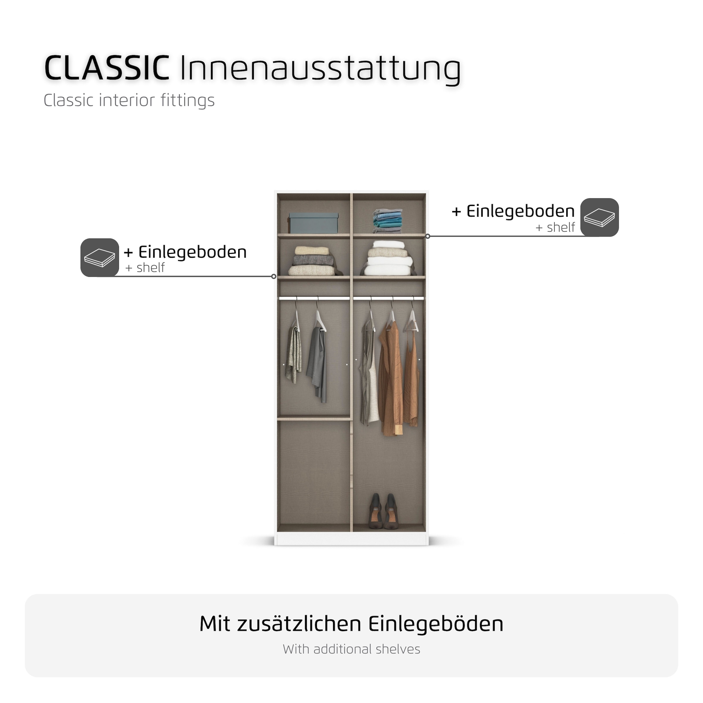 rauch Kleiderschrank »Schrank Garderobe MAINZ Breiten 91/136/181/226/271/315/360, Höhe 210cm« 3 verschiedene Ausstattungen BASIC/CLASSIC/PREMIUM (inkl. SOFT-CLOSE),  grifflose Front, Außentüren mit Push-to-Open Funktion MADE IN GERMANY