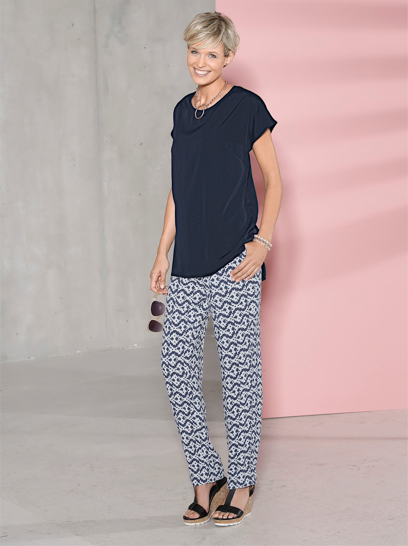 Schlupfhose CLASSIC BASICS, Damen, Gr. 48, Normalgrößen, blau (marine, gemustert), 100% Viskose, unifarben, lang, Hosen Schlupfhose 3