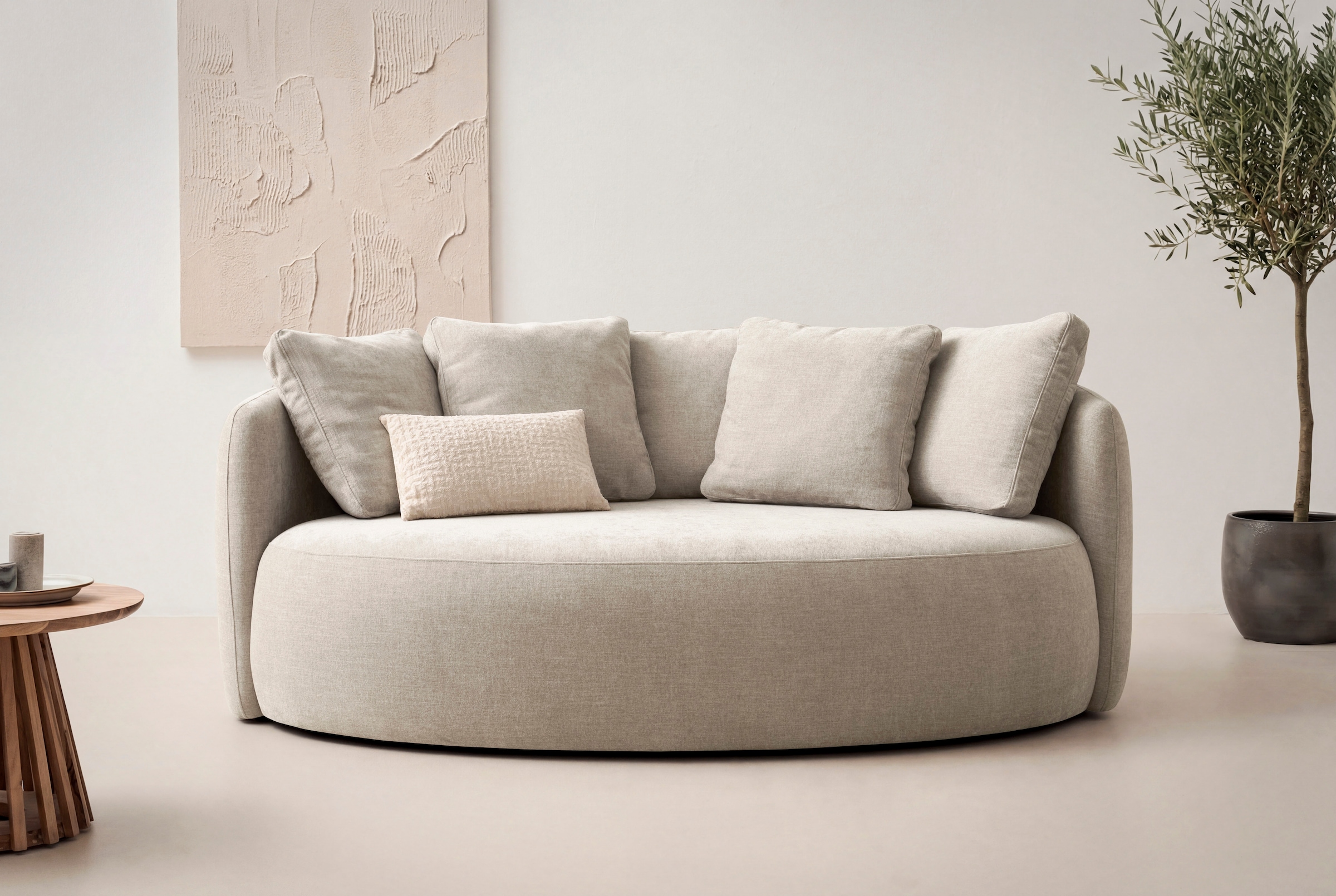 OTTO home 2,5-Sitzer "Kaarl, rundes Loungesofa, Sofa mit Kissen, perfekt gepolstert" Webstoff, in fünf Farben, zeitloses Design, inkl. 5 Rückenkissen